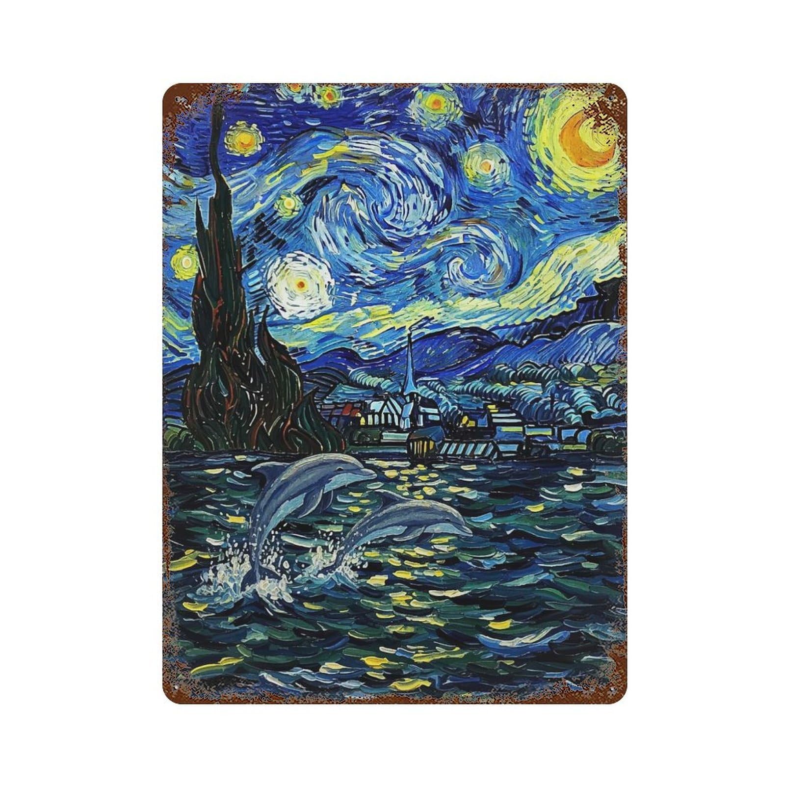 Starry Night Dolphins Painting 15.7"x11.8" Rusty Metal Tin Sign, Novelty Wall Decor for Cafe, Home Bar And Lounge Decor