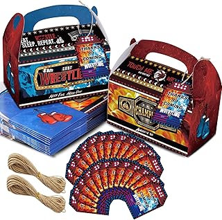 24 PCS Wrestling Party Favor Goodie Candy Treat Boxes with 24PCS Thank You Tags, Boxing Theme Gift Bags for Wrestle Sports Birthday Decorations Supplies
