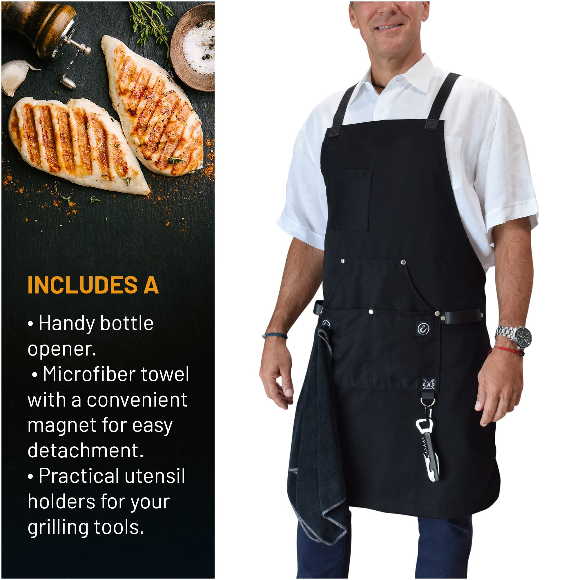 Delantal de cocina para hombre con bolsillos, grado profesional, hecho para cocinar, servidores, cómodo con correas cruzadas