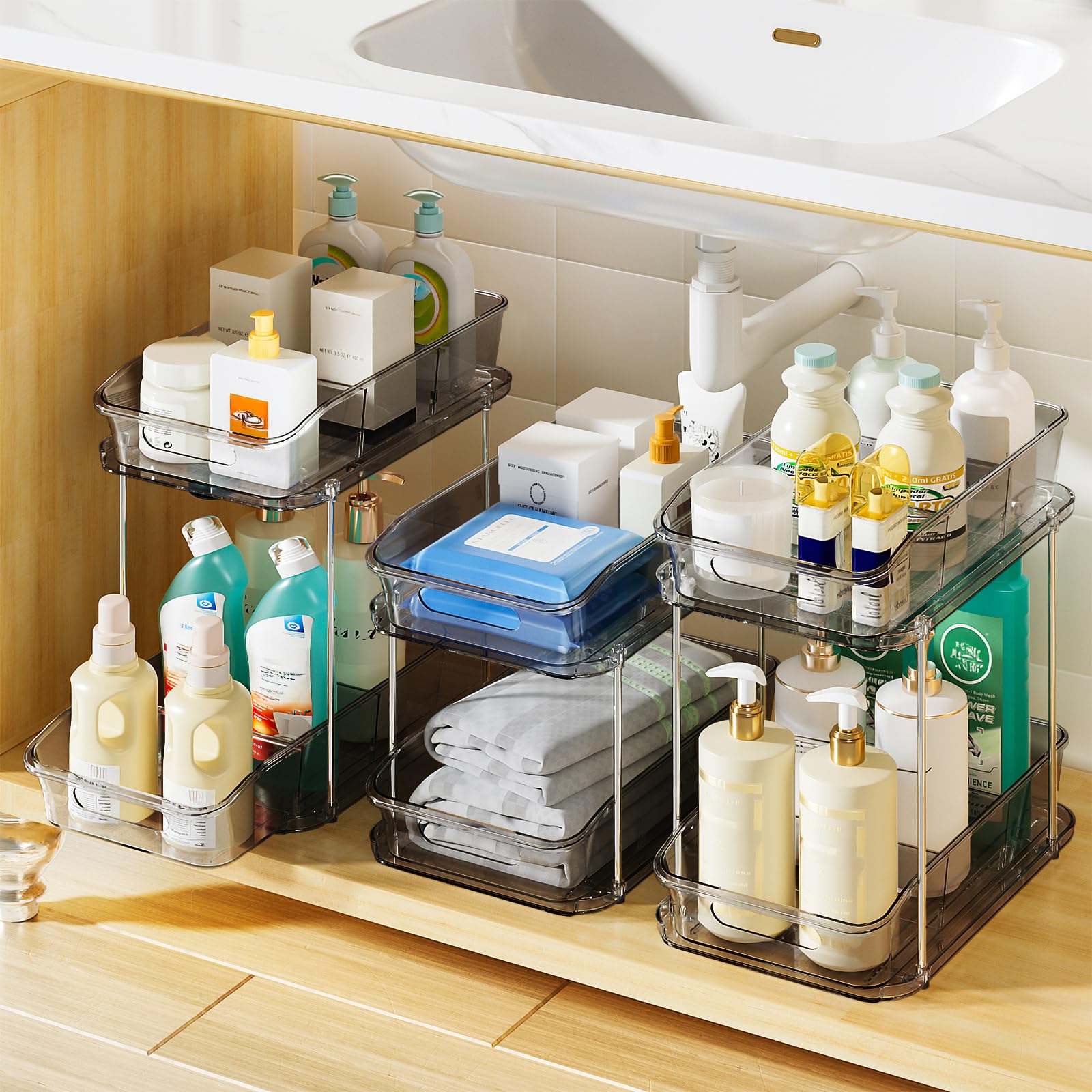 Delamu 2-Tier Under Sink Organizers and Storage, Multi-Purpose Stackable Bathroom Cabinet organizers, Pull Out Kitchen Pantry Organization and Storage with Dividers(3 Pack, Grey)