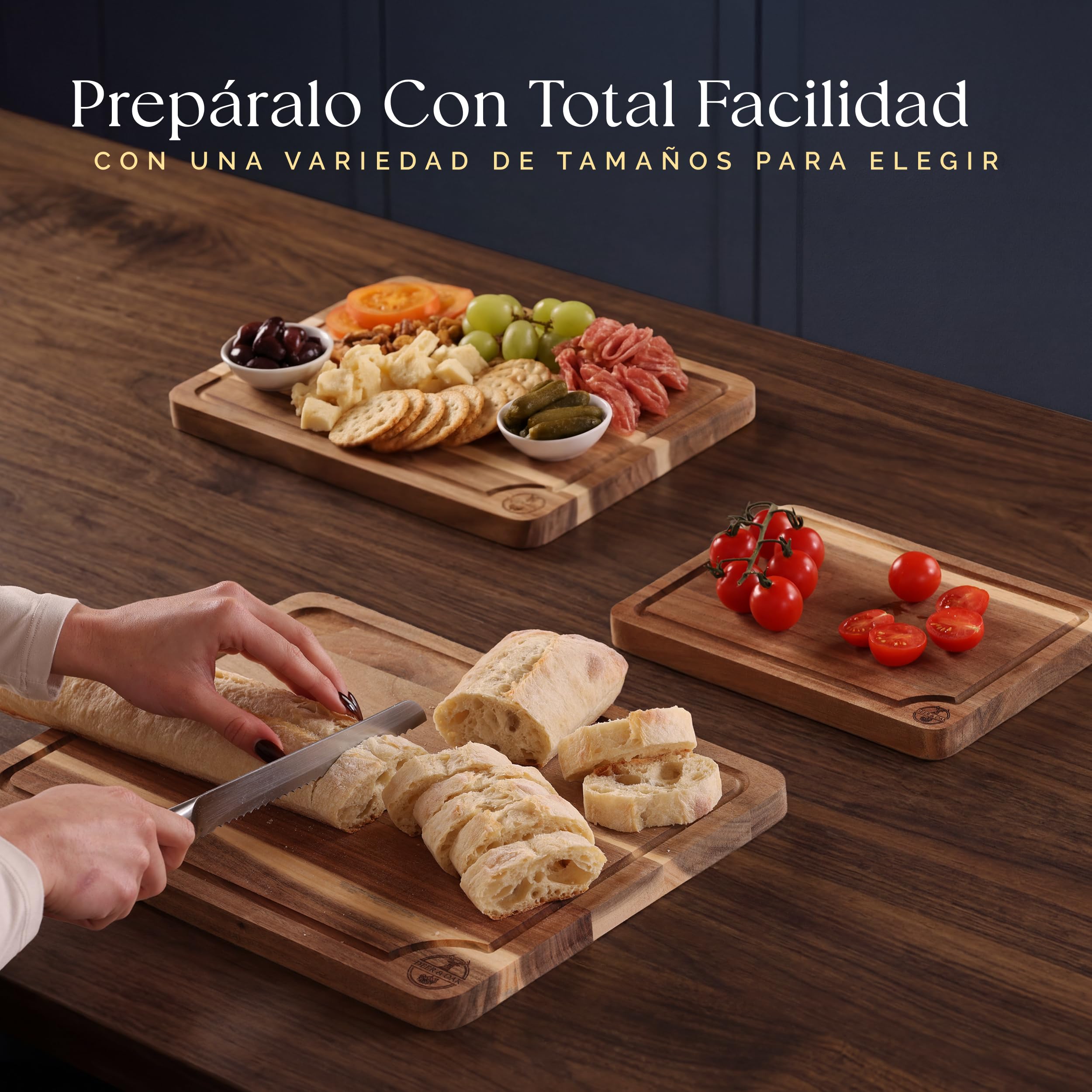Juego de 3 tablas de cortar de acacia preengrasadas y no tóxicas con soporte, tablas de cortar de madera con certificación FSC, incluye aceite para tabla de cortar de 100 ml, 3 tablas de tallado de