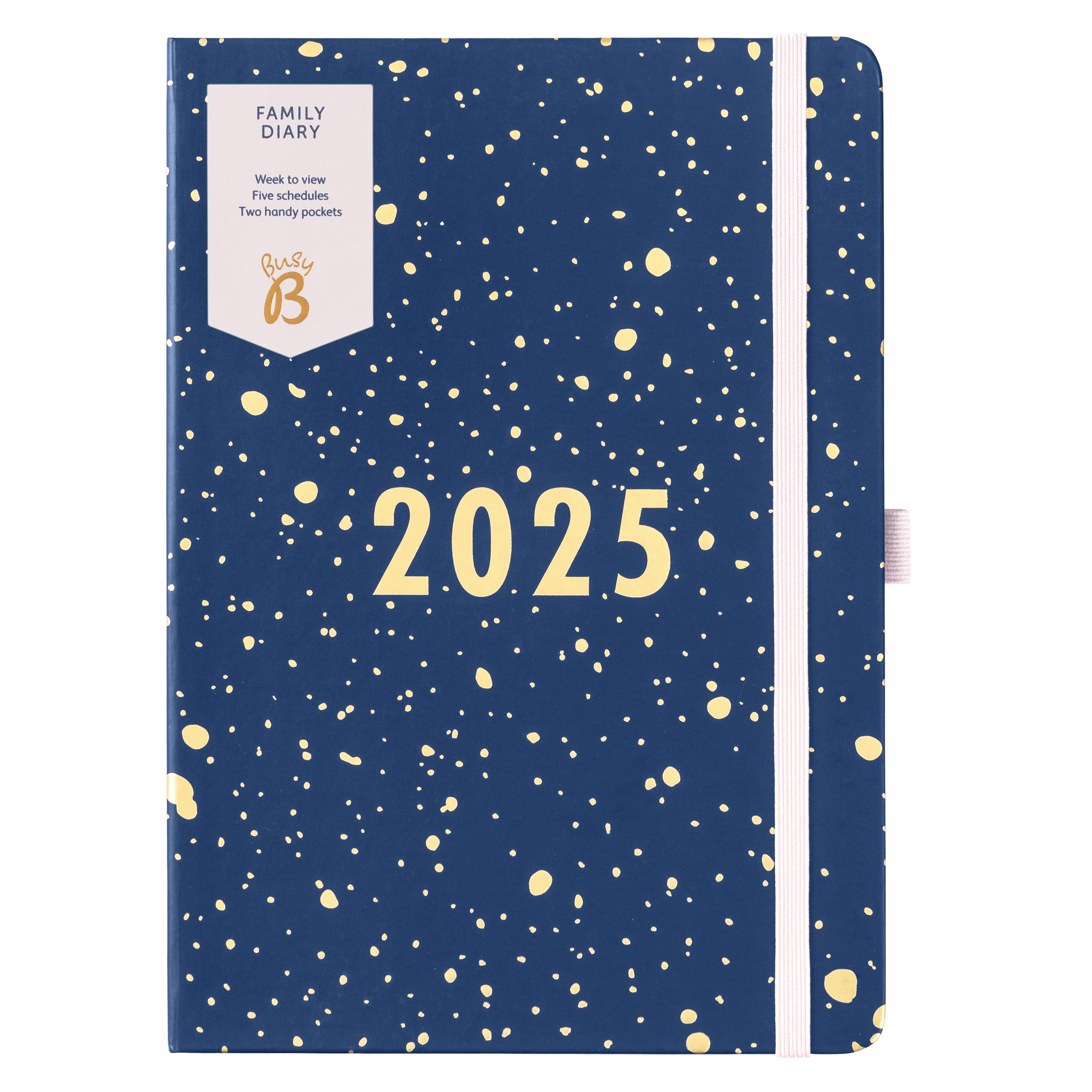Busy B 2025 A5 Family Diary - Weekly Planner with 5 Schedules, Navy Spray & Gold Foil Cover - Life Planner for Busy Families - Includes Year Planner, Birthdays & Tear-Off Notes