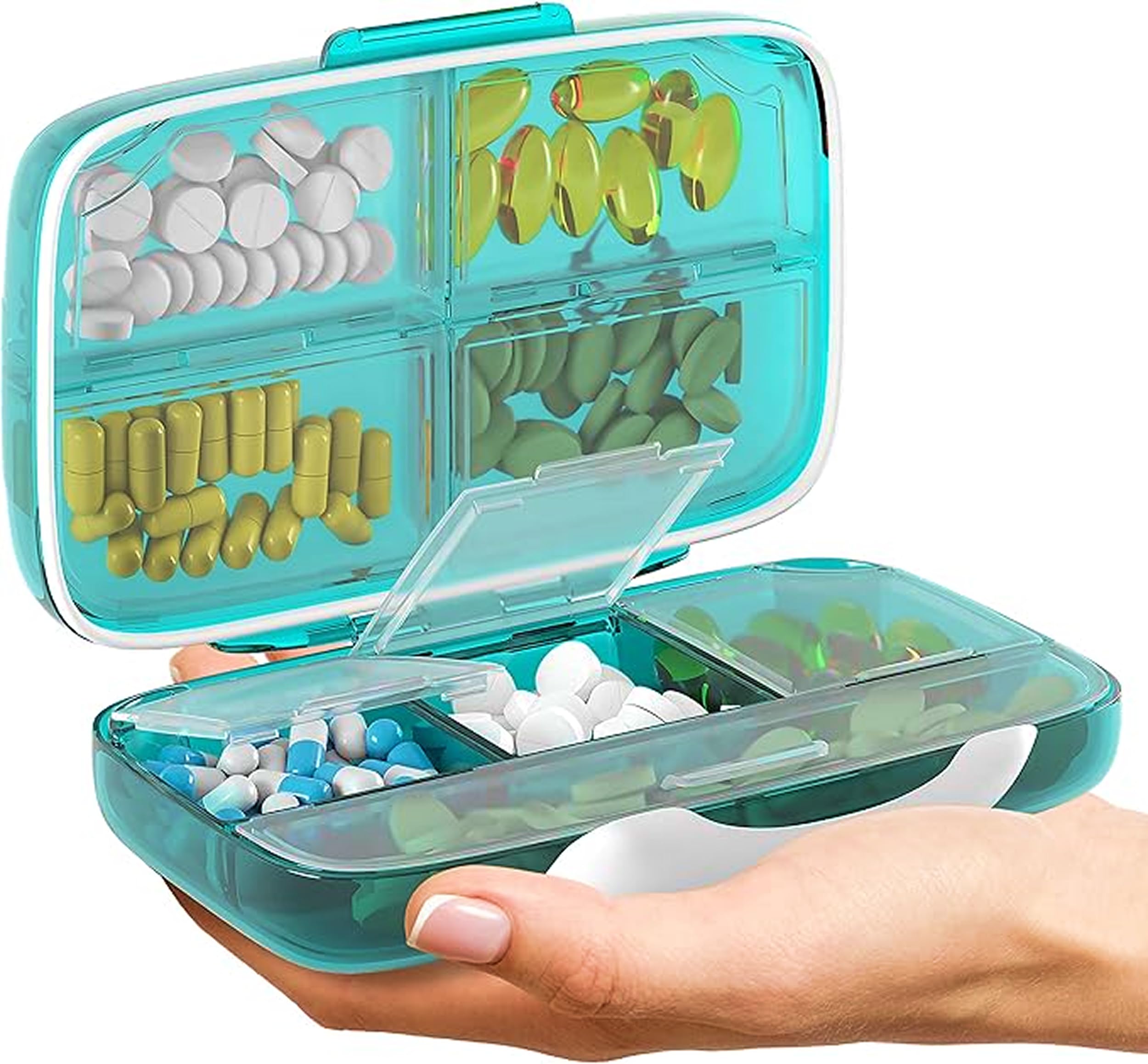 BEXEEN Pill Organizer Airtight Pill Box Large Pill Dispenser Home Travel Supplement Holder Portable Vitamin Sorter Jumbo Size 8 Compartment Airtight Vitamin Container Daily Medicine