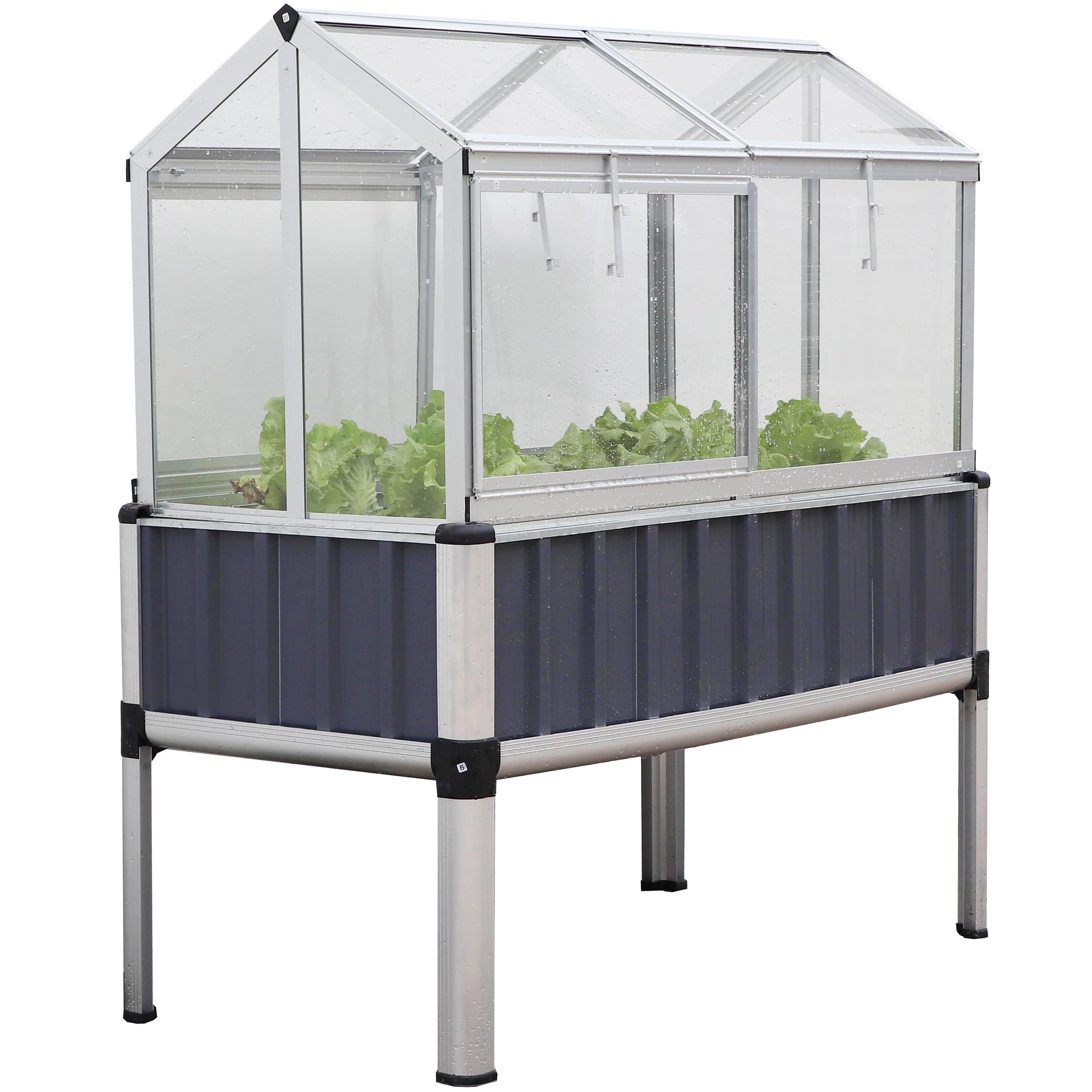 TTL Garden "Superior" - Bancal alto de aluminio con accesorio para semillero - 128 x 114 x 60 cm, gran aluminio de alta calidad con cubierta de invernadero, puertas y techo de policarbonato