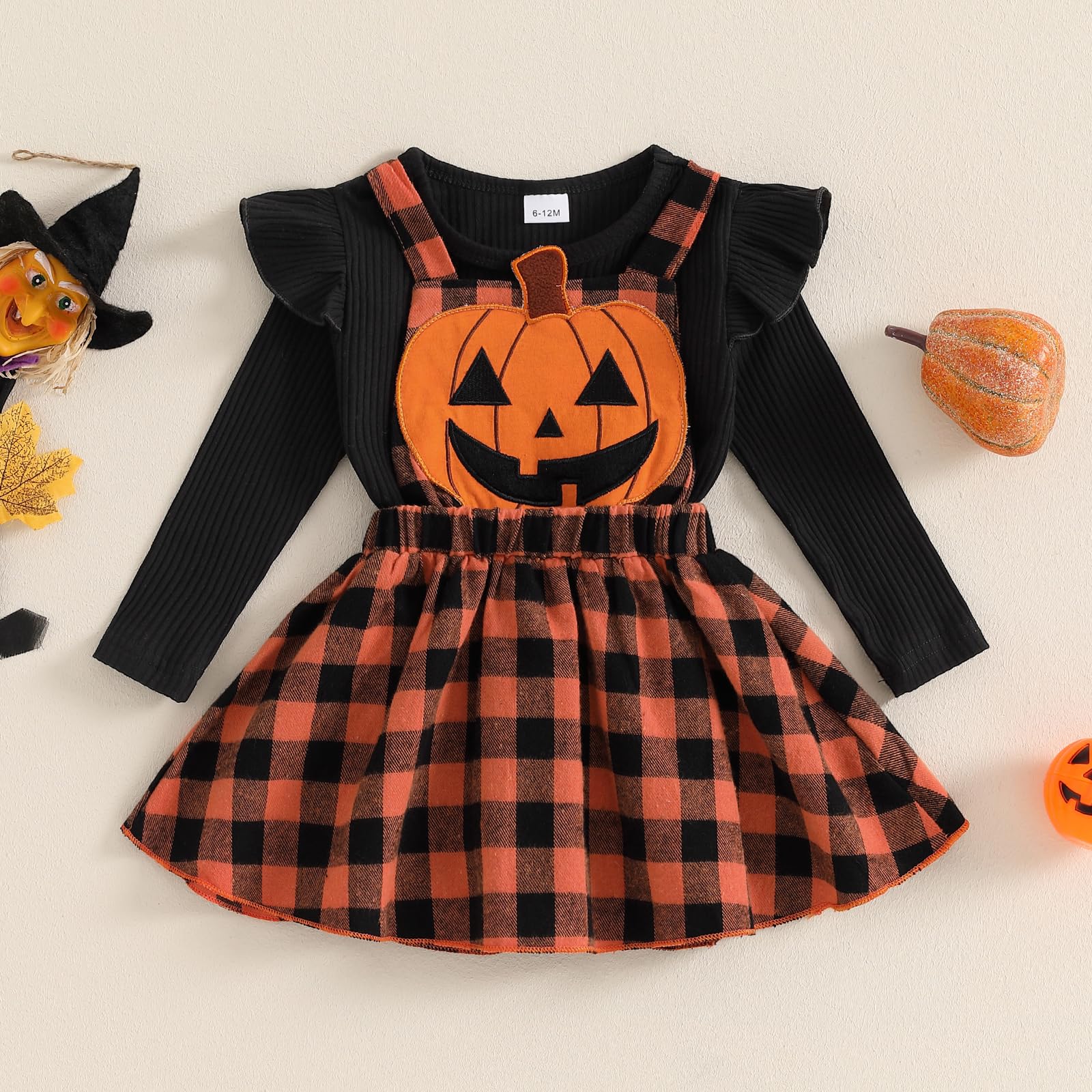 HYADRBLEBY Toddler Girl Halloween Outfit Solid Shirt Pumpkin Suspender Skirt 6M 1T 2T 3T 4T 5T Kids Girls Overall Dress Set (Orange, 3-4T)