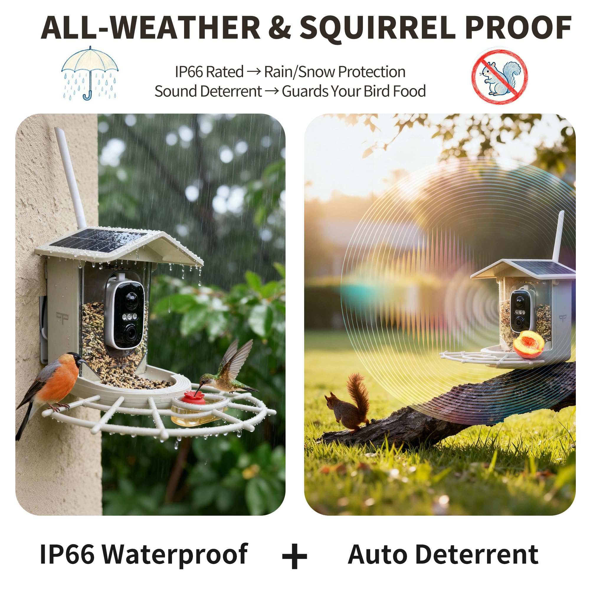 Origem Comedero Pájaros Exterior con Cámara 2K Solar, Tarjeta SD 64 GB | Comedero inteligente 1,7 L, cámara con visión nocturna, identificación IA de aves, IP65 y avisos instantáneos al móvil