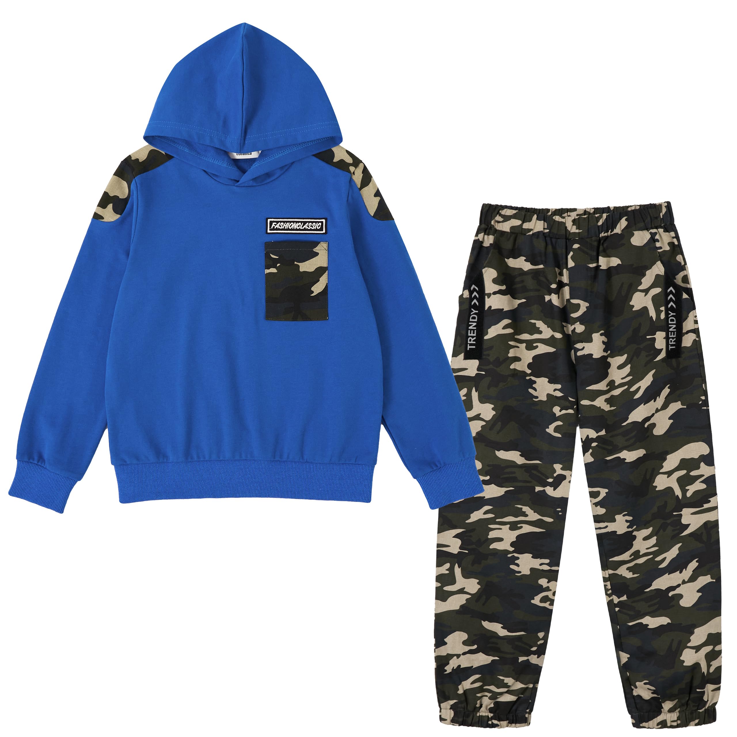 LOLANTA 2PCS Tuta da Ginnastica per Bambini Felpa per Ragazzi Top con Cappuccio e Pantaloni da Cargo Mimetici per 6-13 anni