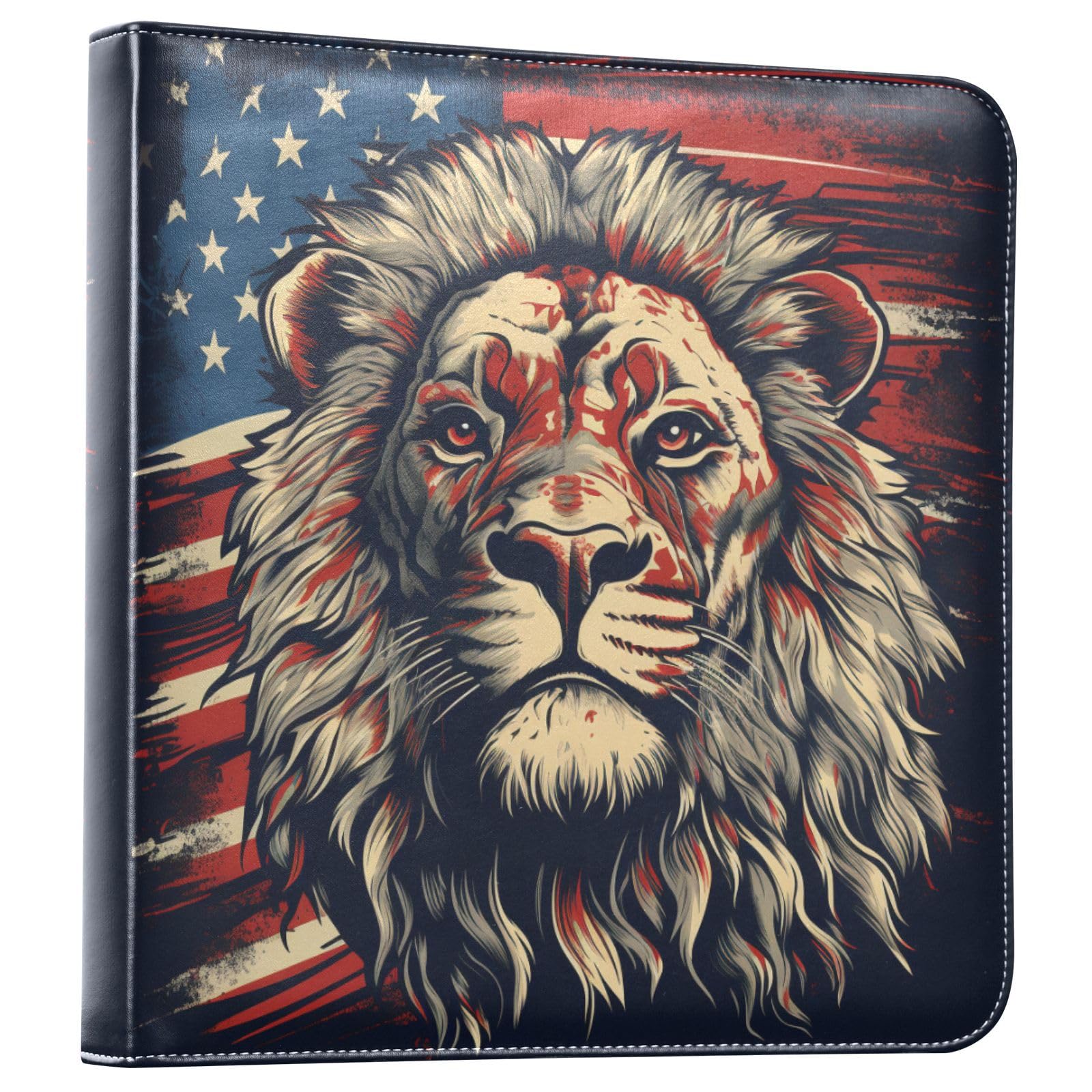 JIPONI Lion American Flag Large Photo Album, DIY Leather Cover Scrapbook Albums for 4x6 5x7 6x8 Pictures, Self Adhesive Memory Book for Wedding, Baby, Family