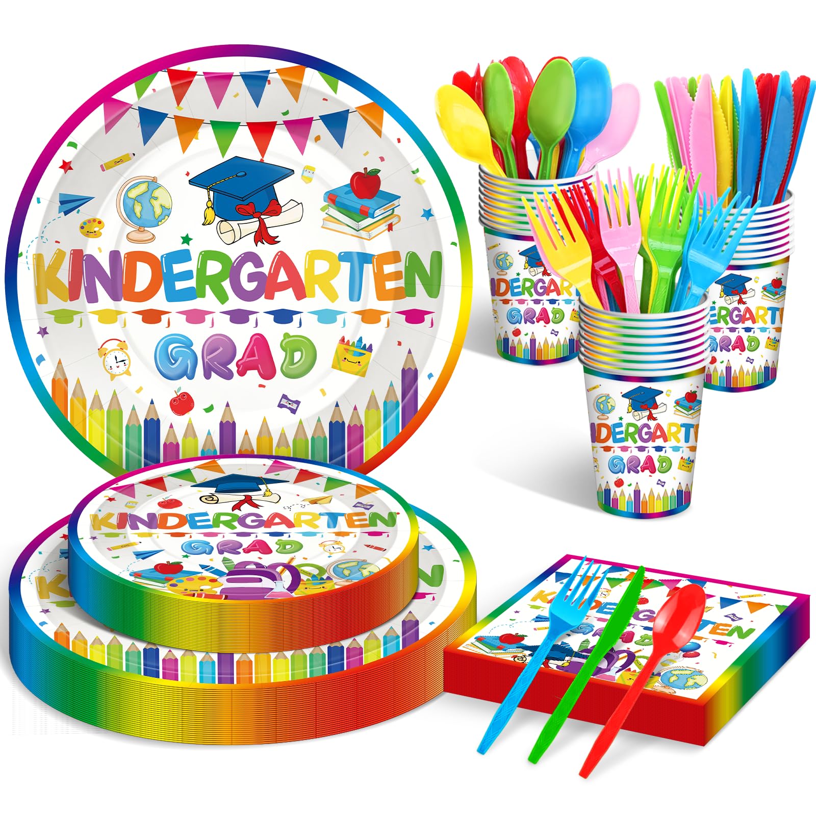 175 Pcs Kindergarten Graduation Tableware Set Party Supplies - Serves 25, Colorful Kindergarten Grad Disposable Plates, Cups, Napkins, Forks, Spoons,
