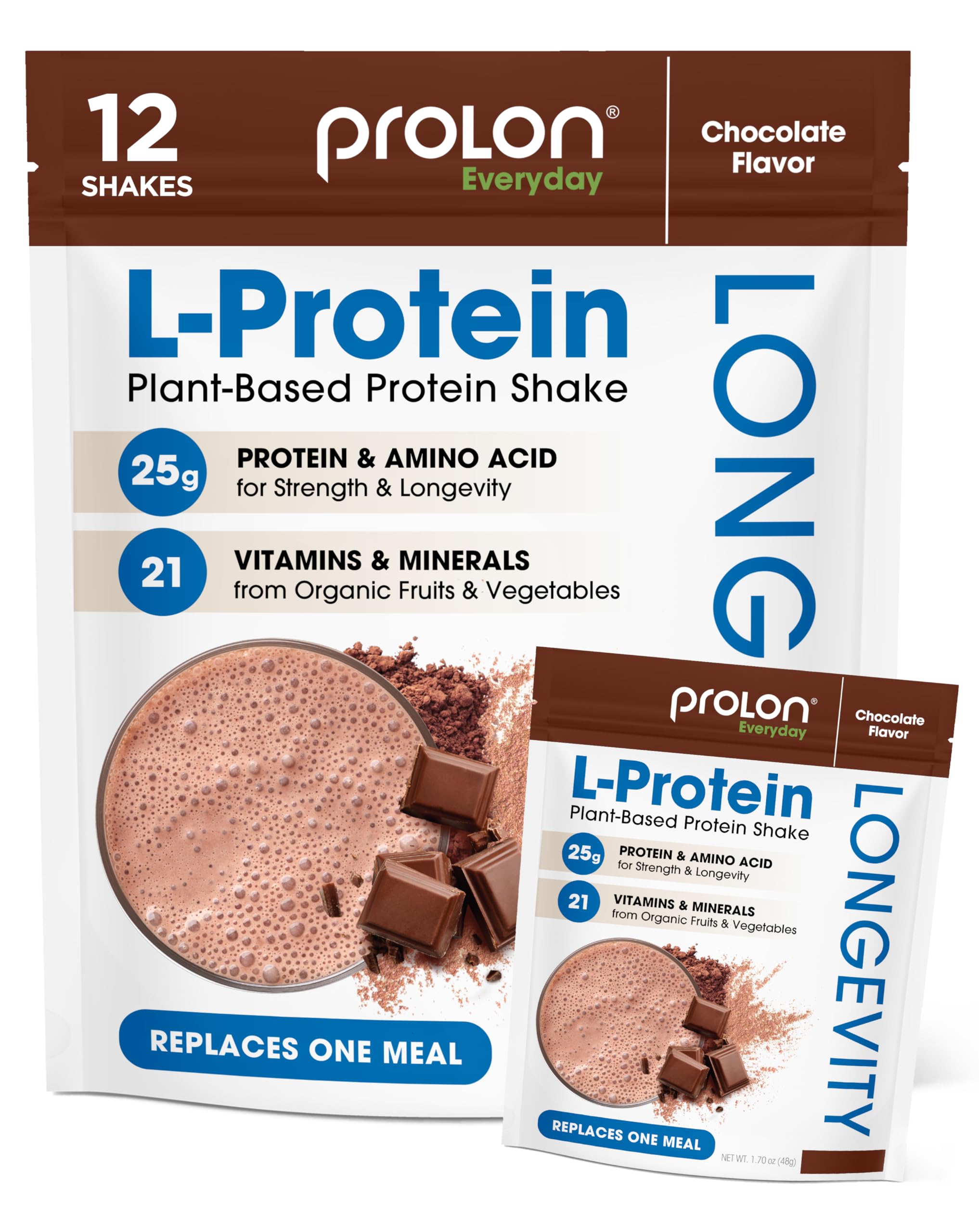 Prolon Longevity Plant Based Protein Powder | Muscle Synthesis & Repair, Healthy Aging, Boost Performance | Vitamins, Gluten Free, Amino Acids, Antioxidants | 25g of Protein | Chocolate, 12 Packets