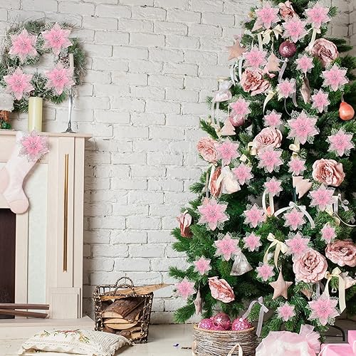 Miniatura 6 de Geosar 24 flores de Pascua con purpurina para Año Nuevo, flores artificiales en capas, adornos para árbol de boda y Año Nuevo, 346 pulgadas (rosa)