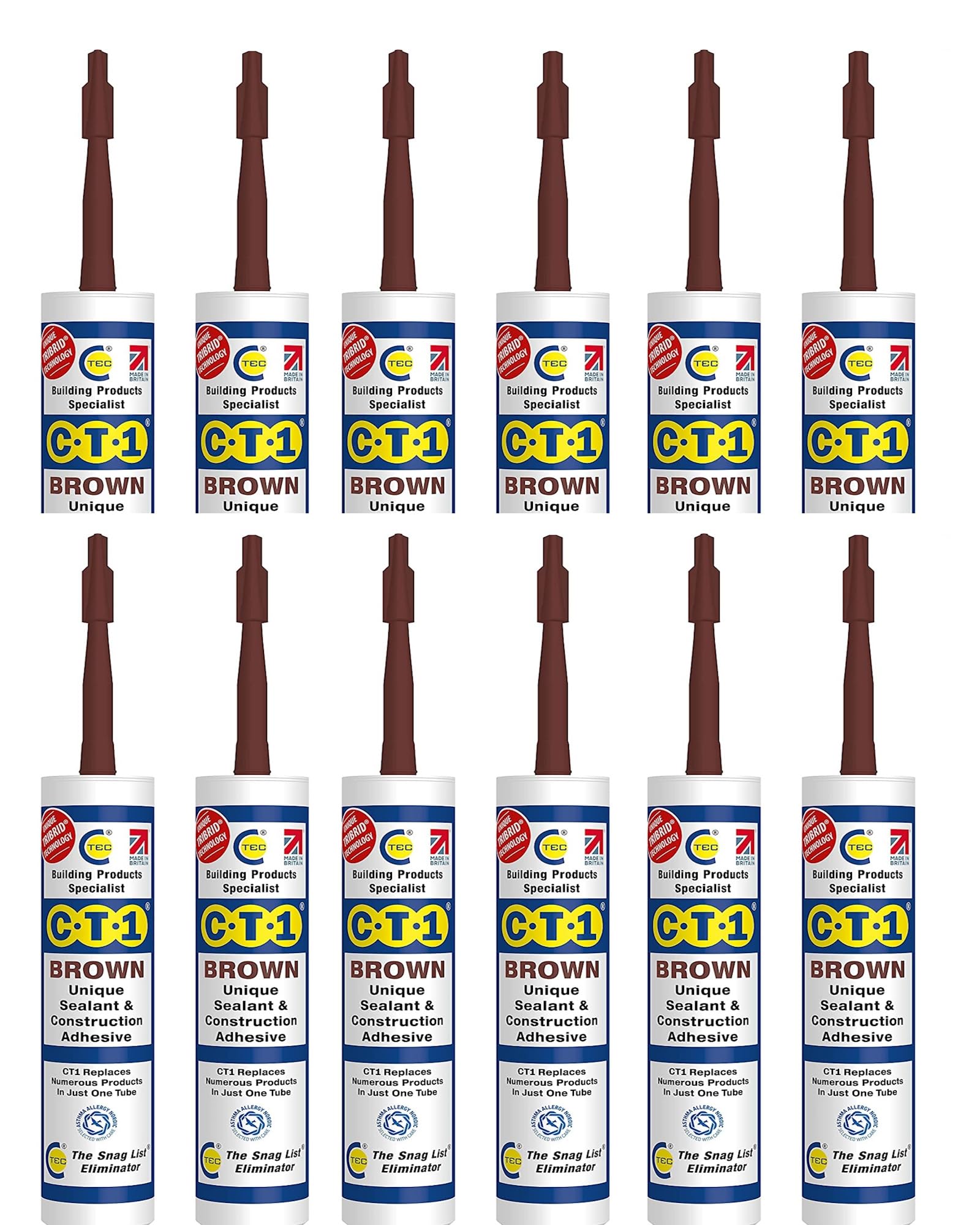CT1 - Building Sealant & Adhesive Snag Tube 290ml for Virtually Any Material (Brown 12 Pack)