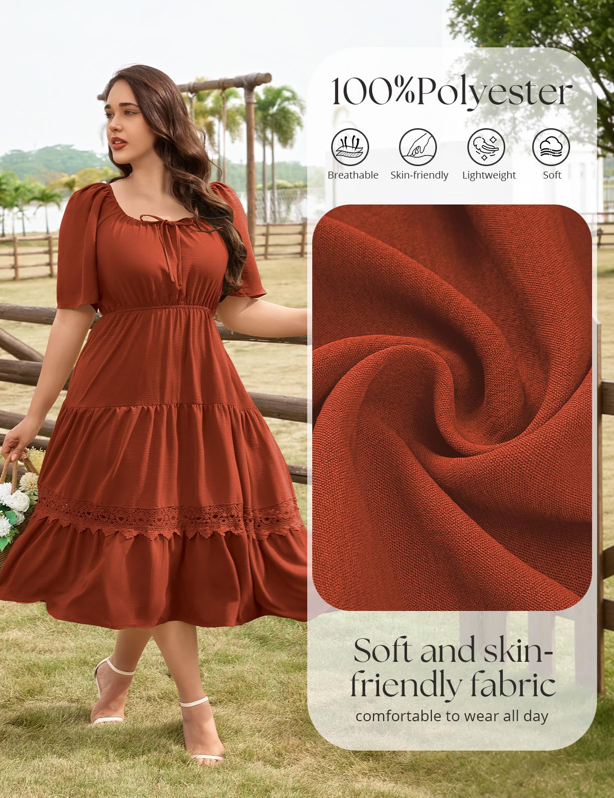 CMTOP Sommerkleid Damen Große Größen Kleider Sommer Maxikleider Elegant Quadratischer Ausschnitt Midikleid Gerafft Lang Freizeitkleid Leicht Fließend Strandkleid Kurzarm A Linie