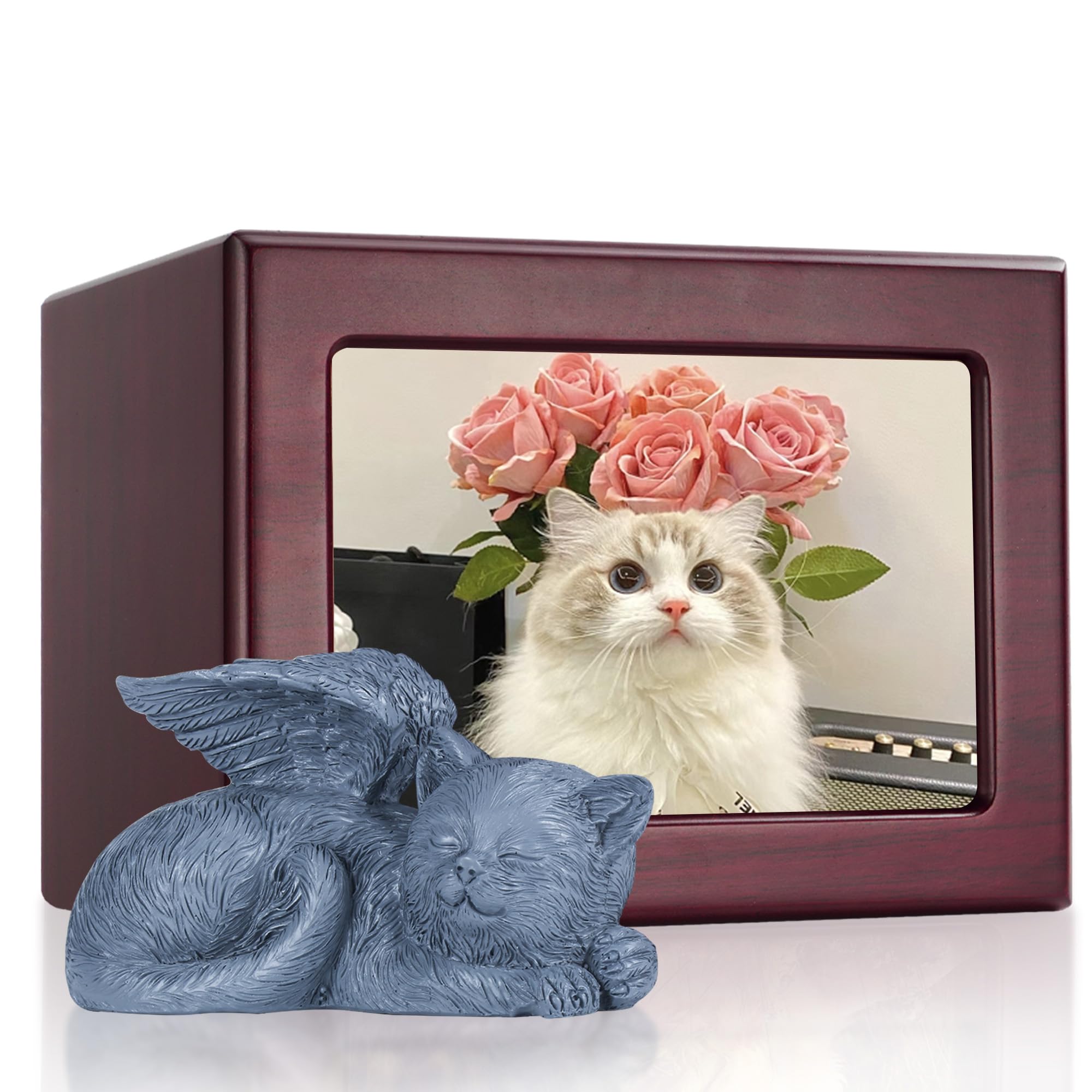 DiDiBirDi Cat Urn for Ashes, Wooden Keepsake for Ashes with Photo Frame, Cherry Red Cremation Box with Resin Statue and Sealed Storage Bags (60lbs)