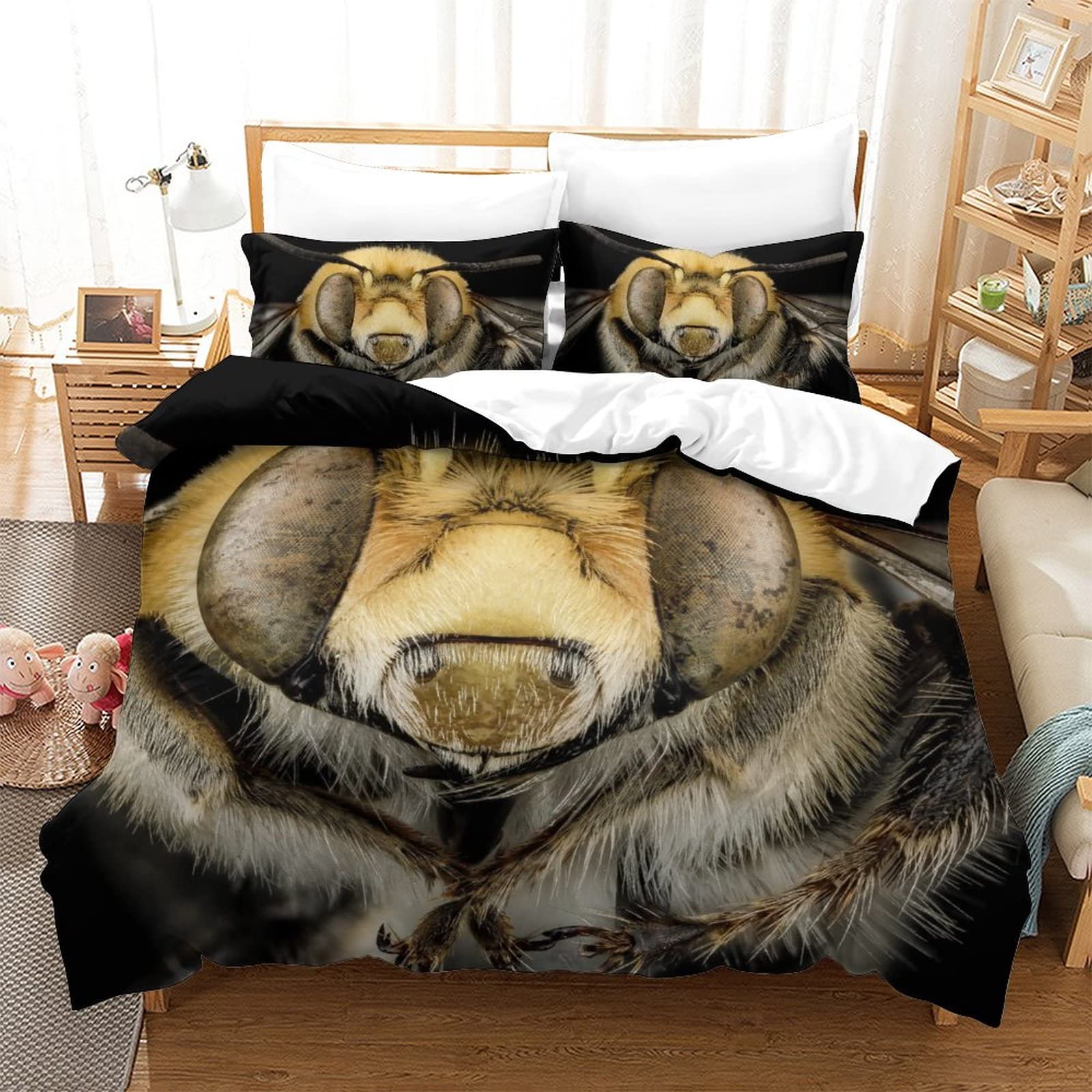 Housse de couette abeille 3D 200x200 cm avec taies d'oreiller pour lit double