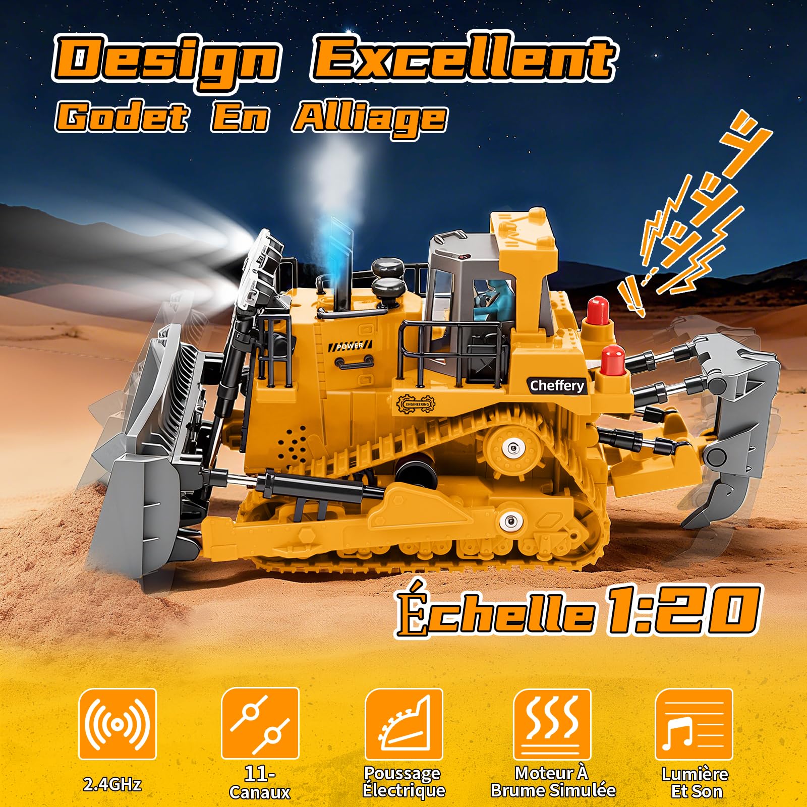 Bulldozer Télécommandé, 1:20 RC Bulldozer à 11 canaux, Jouet de Construction RC avec Lumières et Sonores, 2.4GHz Cadeau de Jouet Bulldozers pour Les Enfants Garçons Filles âgés de 4 à 12 Ans