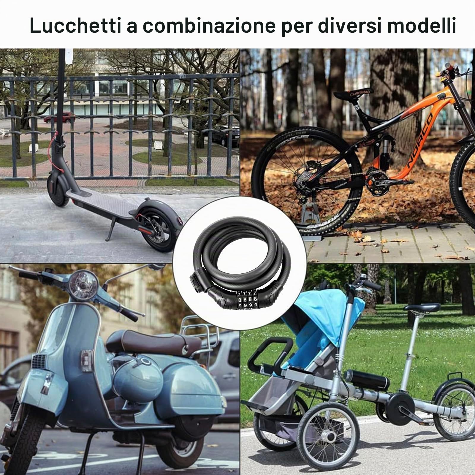 Antifurto per Scooter Elettrico e Bicicletta - 120 x 12 mm, Con Cavo in Acciaio da 12 Tacchi e Codice Intelligente a 4 Cifre - per Moto