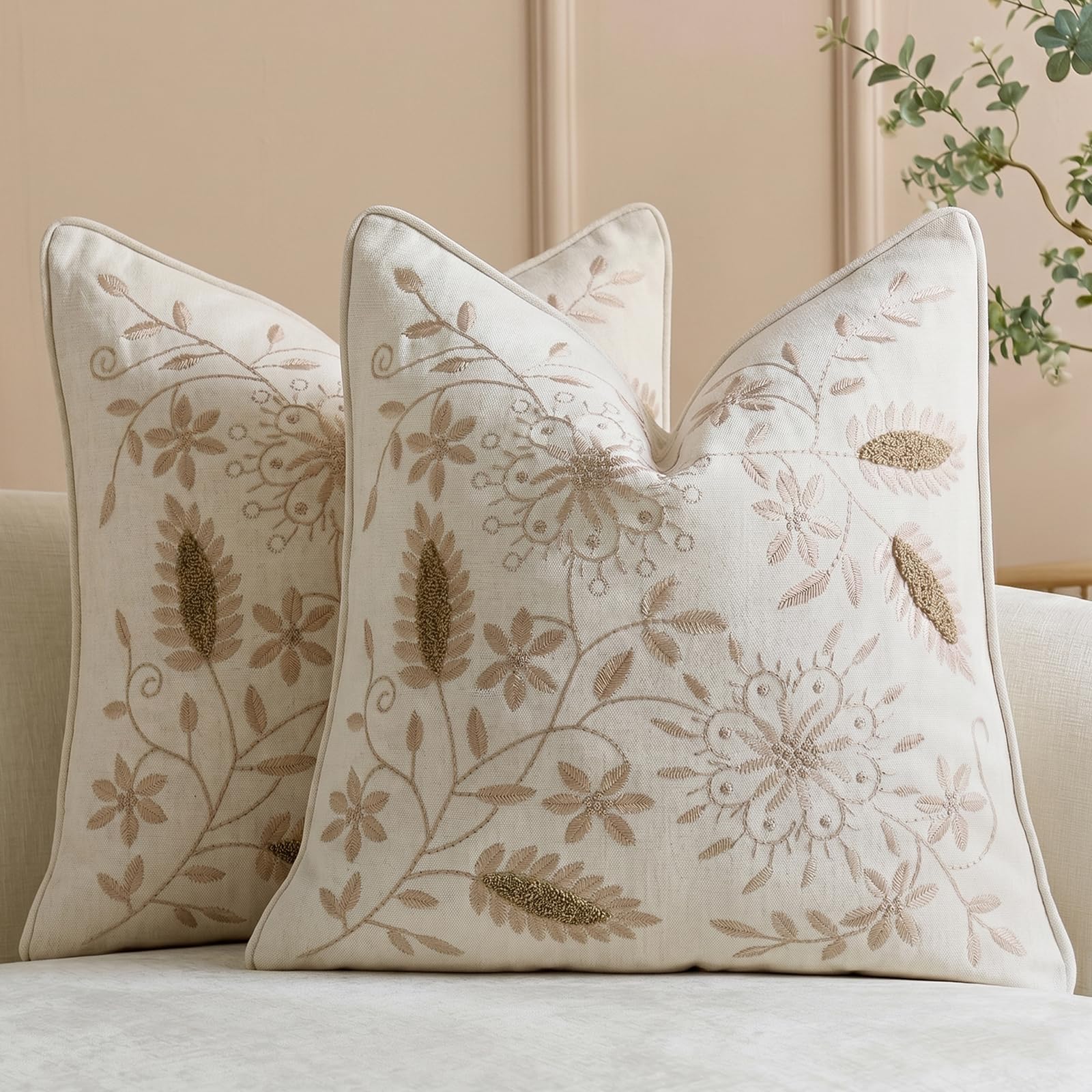 HOSTECCO Set of 2 Embroidered Cushion Covers 45x45 cm, Beige Luxury Chenille Decorative Scatter Cushion Cases, Boho Floral Square Pillow Covers for Couch Farmhouse Home Decor — image 1