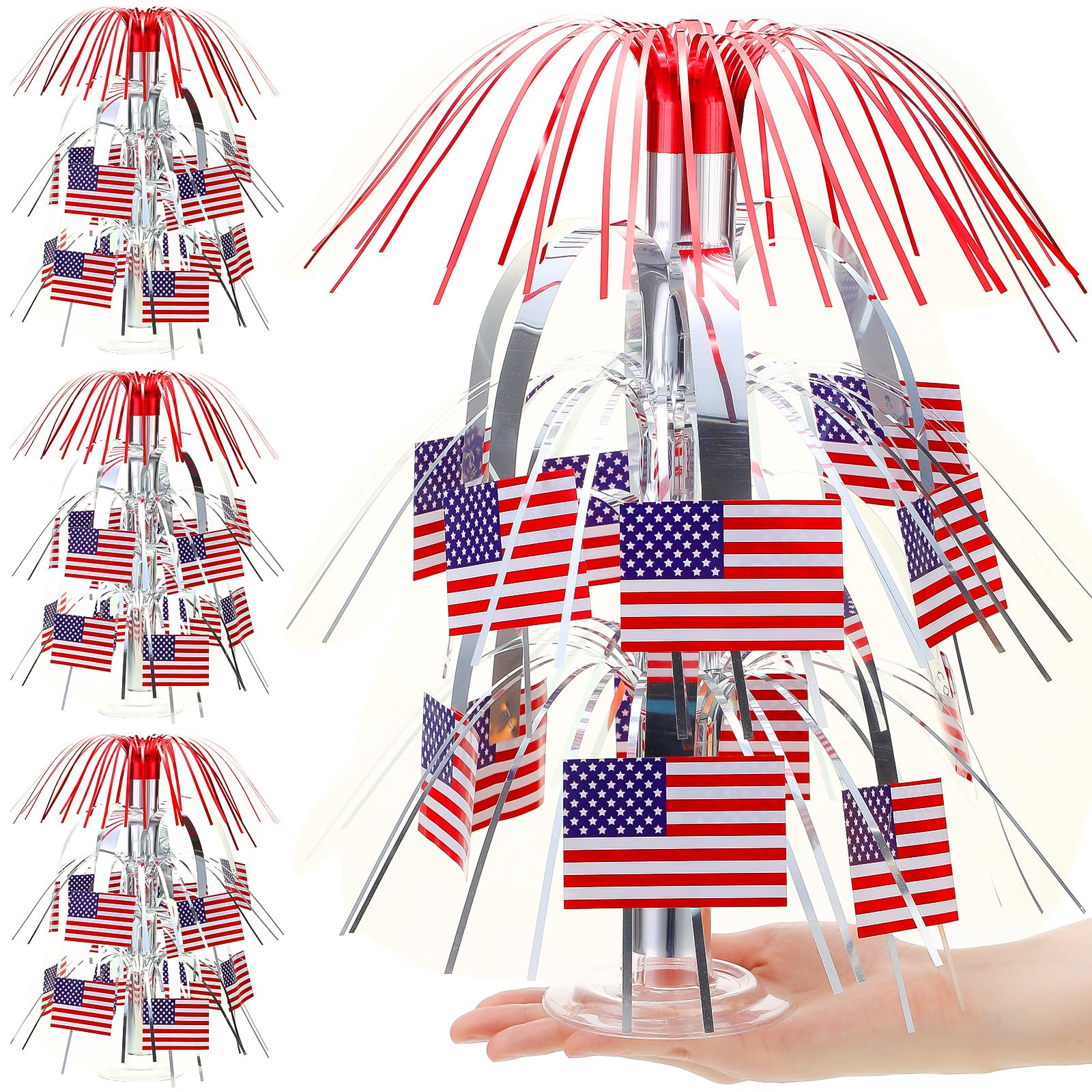 Photo 1 of Briwooody 4 Sets American Flag Mini Table Centerpiece 4th of July Patriotic 250th Anniversary Table Decorations Metallic Foil Spray Centerpieces for Home Decor Party Supplies