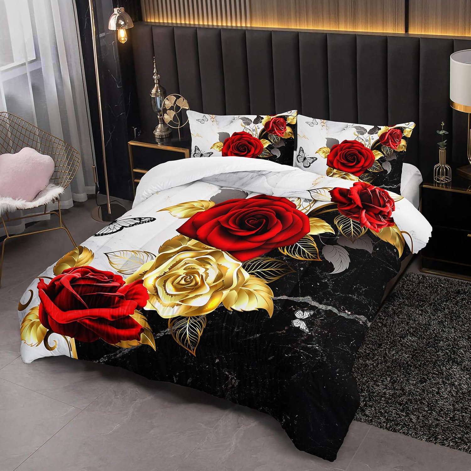 Red and Gold Roses Comforter Set for Girls Kids Twin Size, 3-Piece Black and White Floral Butterfly Pattern Bedding Set Soft Lightweght Bed Decor All Seasons