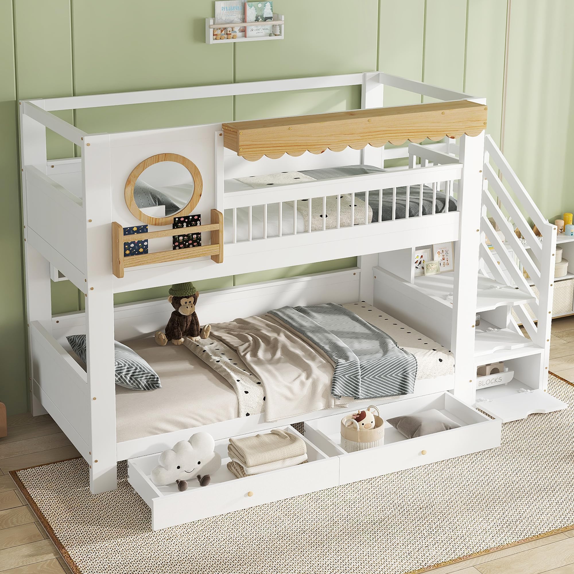 Lit Superposé 90x200 avec 2 Tiroirs Lit Rangement Bois de Pin Sommier avec Compartiment de Rangement Livraison en 4 Colis avec Surface de Couchage Définie Logement