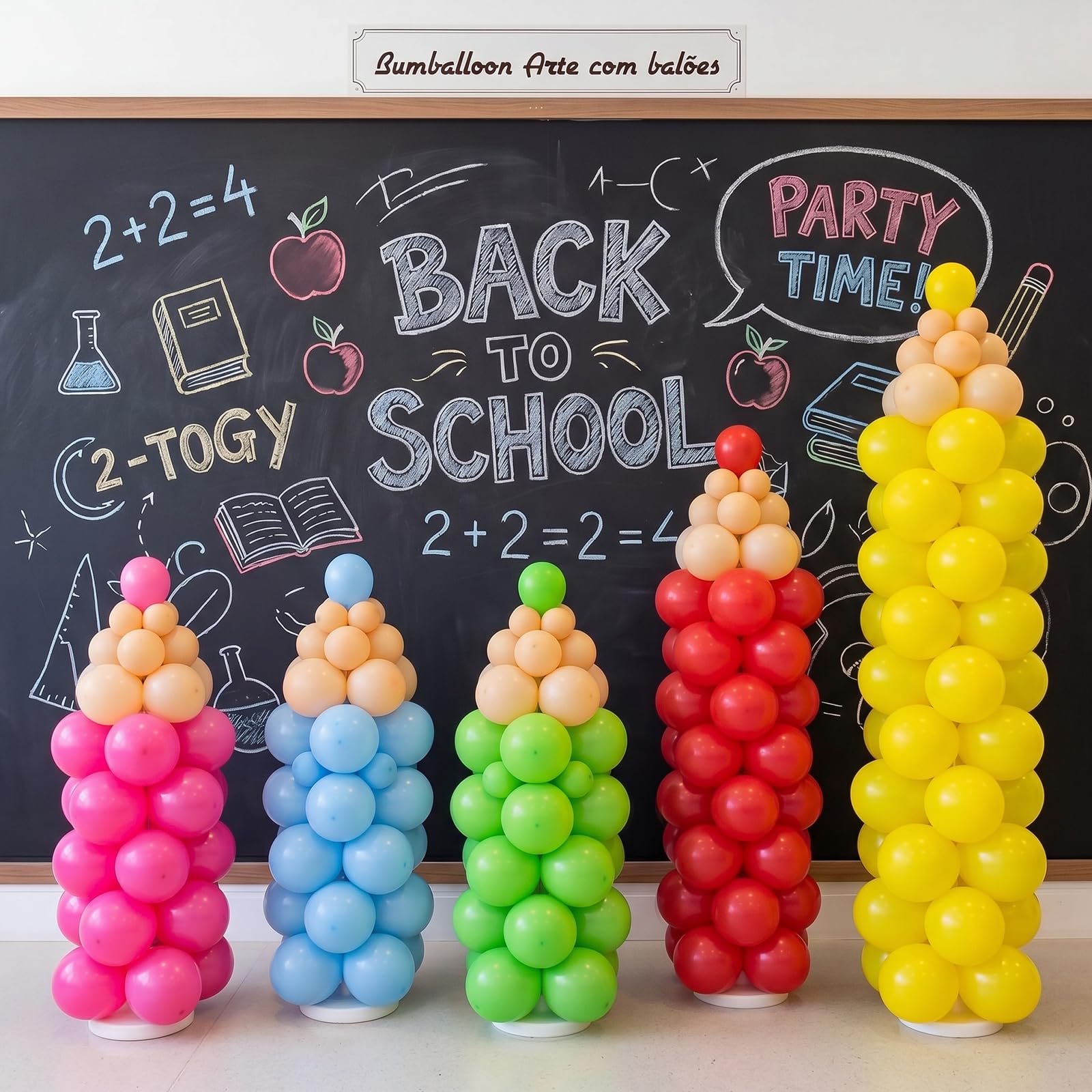 Capoda Set di 306 palloncini a forma di matita per il rientro a scuola, confezione da 5 pezzi, dimensioni regolabili, decorazione a torre in lattice per il primo giorno in classe, scuola, feste
