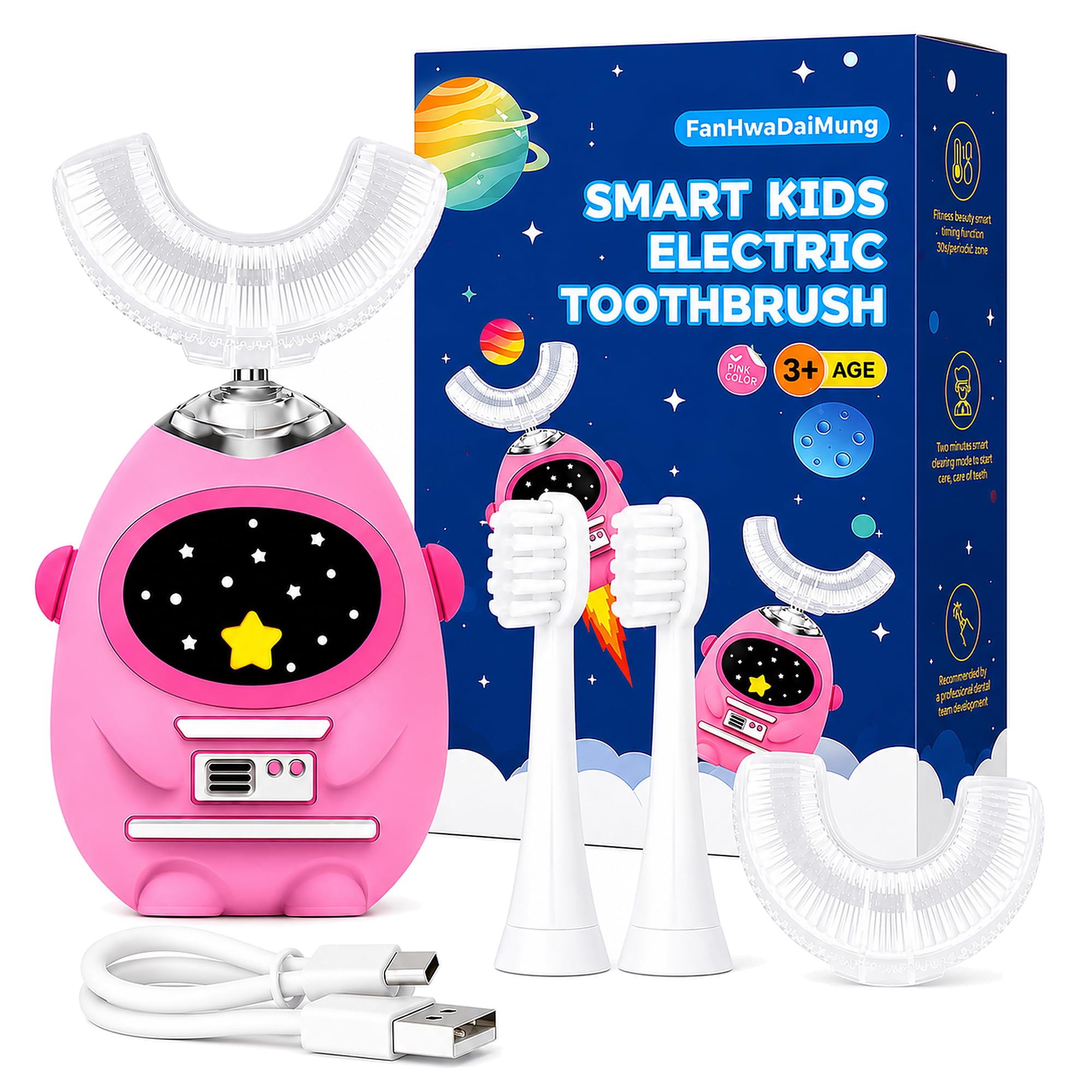 Kids U-Shaped Electric Toothbrush, Astronaut Design, Ages 3-7, Pink