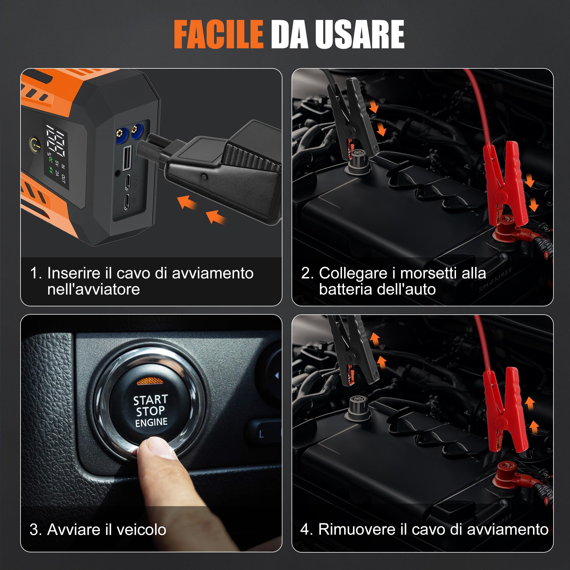 Booster Avviamento Auto 3000A 26640mWh,Ricarica Rapida 20W,12V Avviatore Batteria Auto Portatile (per Gas or Diesel), Starter Batteria con Schermo e Torcia LED a 4 Modalità