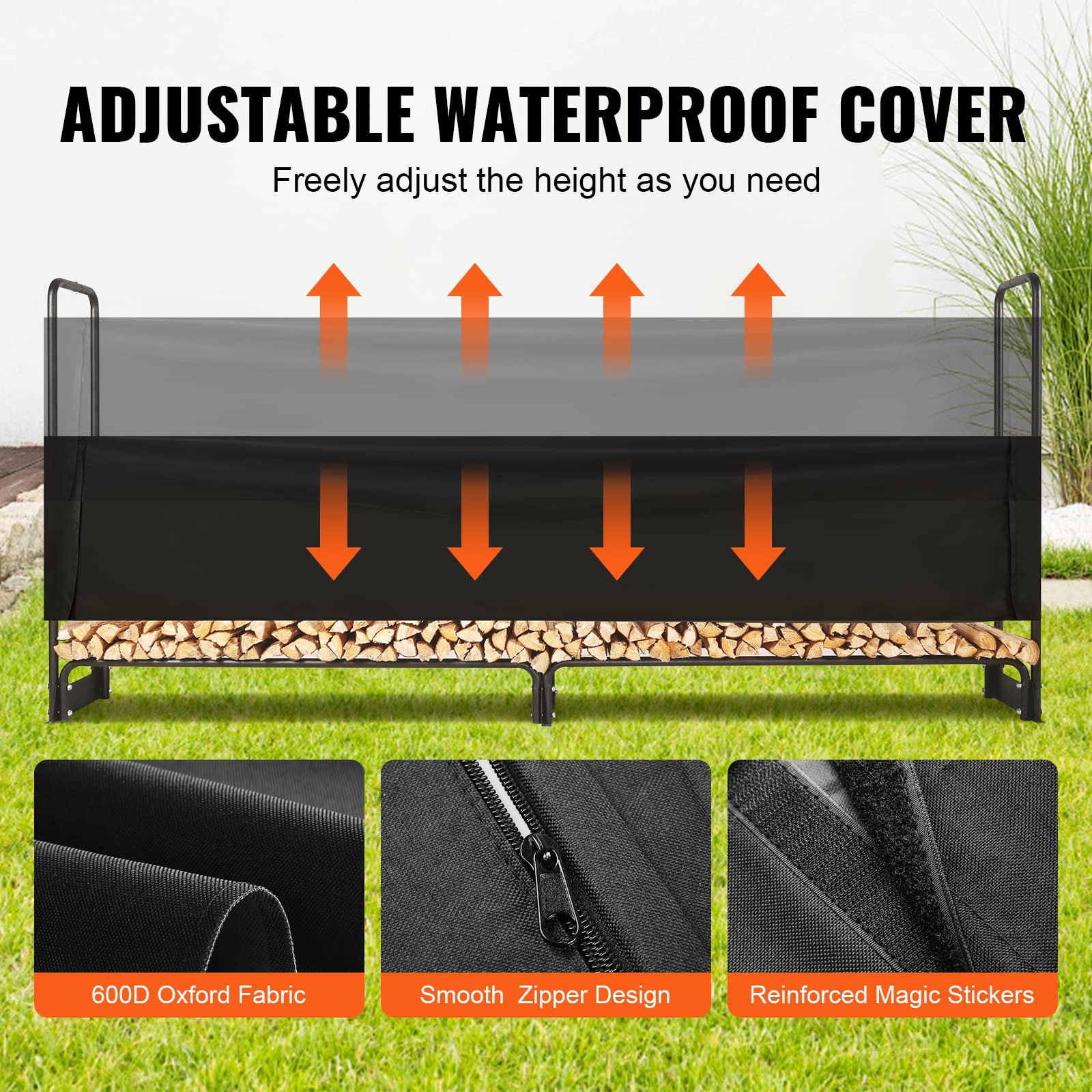 VEVOR Estante de Almacenamiento de Leña 259x36x117 cm Marco de Acero Soporte de Leña con Funda Impermeable 600D Oxford Leñero para Chimenea para 1/2 Cuerda de Leña Carga de 300 kg para Jardín Terraza