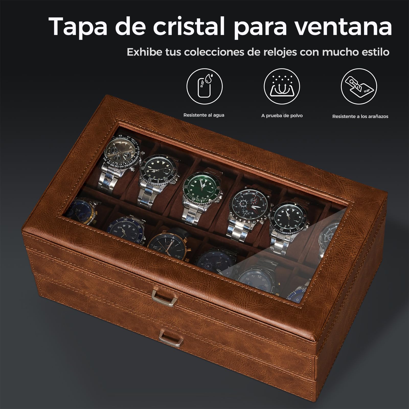 BEWISHOME Caja Relojes de Clásico Para Hombre, Caja Para Relojes de 12 Ranuras con Cajón, 2 Capas Para Almacenamiento, Reloj Hombre Para Guardar Relojes, Joyas Marrón