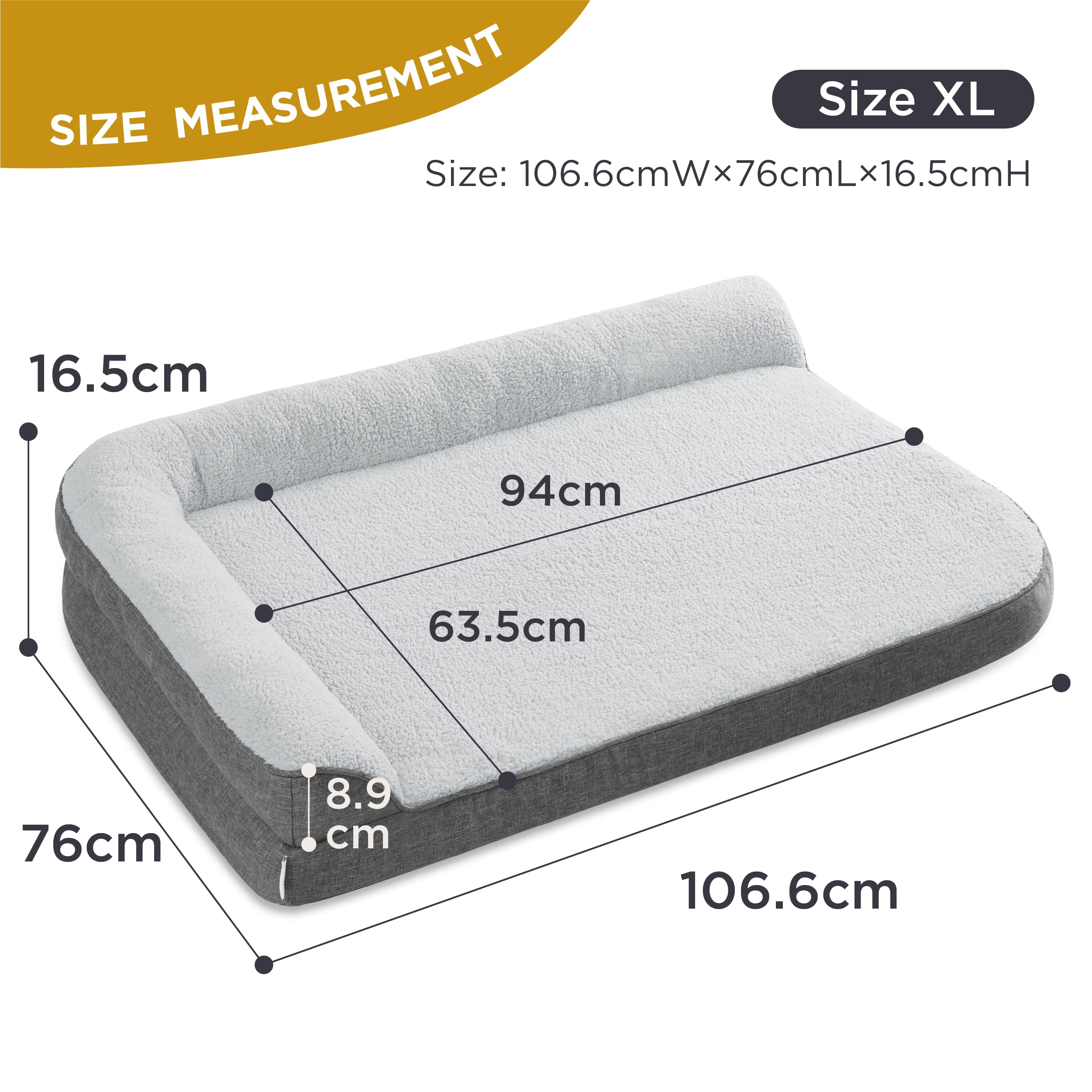 Lesure Orthopädisches Hundebett für große Hunde, 106 x 76 x 16,5 cm, Hundesofa mit Eierkarton-Schaumstoff und wasserfestem Innenfutter, gemütlich, waschbar, Grau