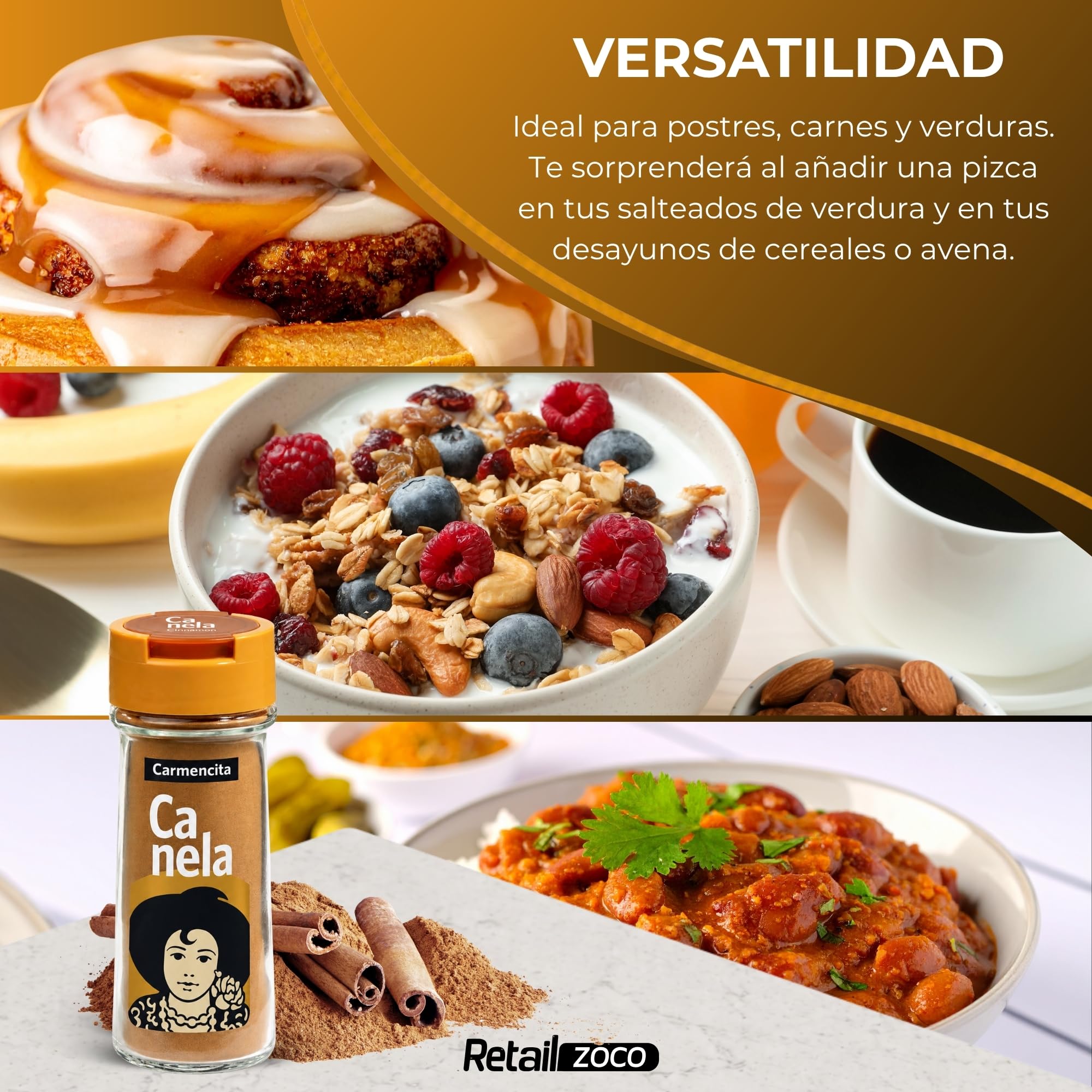 Sazonador Canela Molida Carmencita, Ideal para potenciar tus postres con toque dulce y aromático, salteados de verdura y en tus desayunos de cereales o avena, Sin Gluten, Contiene 2 unidades de 43 g - imagen 3