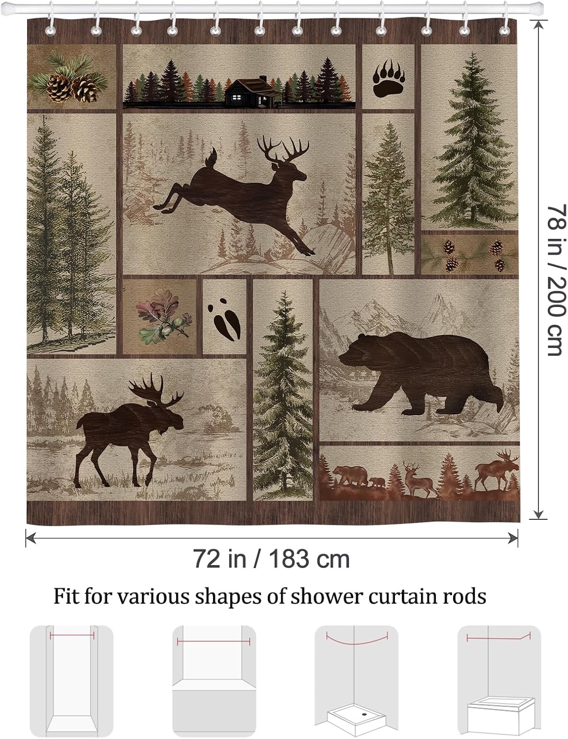 Bonhause Rustic Cabin Shower Curtain, Farmhouse Woodland Bear Deer Country Bathroom Decor 72x78 Inch Polyester Fabric Waterproof Bath Curtain with 12 Hooks