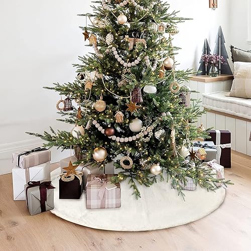 Miniatura 6 de Faldas de árbol de Navidad de piel sintética de 48 pulgadas, faldas de felpa blanca, tapetes grandes para árbol de Navidad, adornos de Feliz