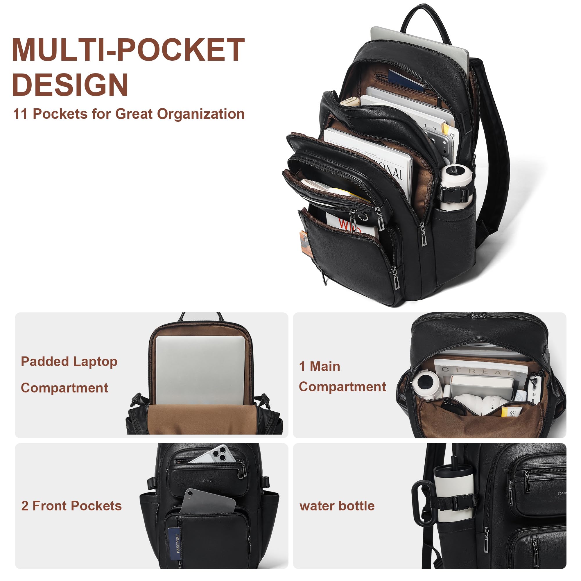Mochila de cuero vegano, mochila de viaje TSA para hombres y mujeres, se adapta a laptop de 17.0 pulgadas con correa de equipaje, color negro