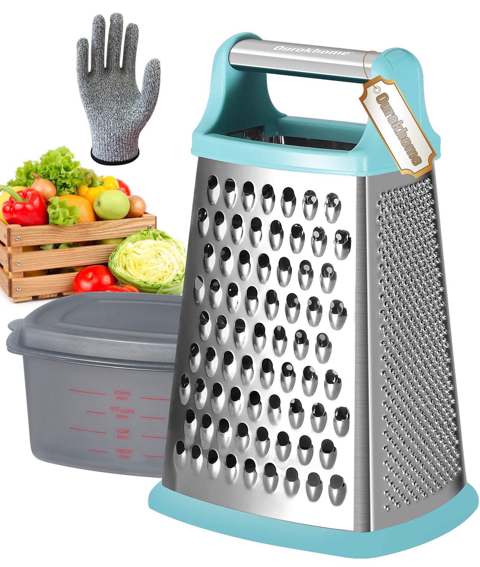 Ourokhome Cheese Grater with Handle, Stainless Steel Box Grater, 4 Side Kitchen Vegetable Shredder Slicer Zester with Container for Parmesan, Cabbage, Ginger, Lemon, Chocolate, Coconut (Teal)