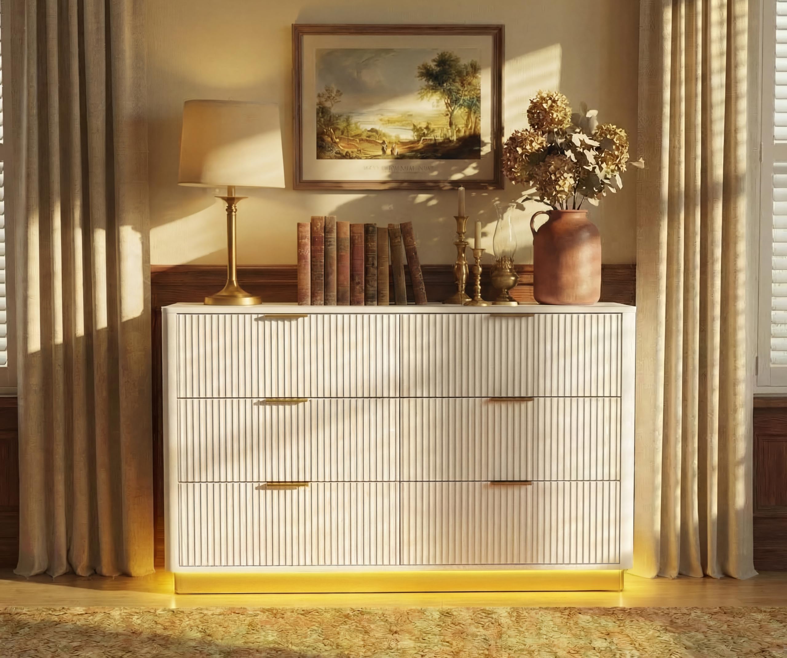 BONITURE Fluted Dresser for Bedroom with 6 Drawers, 54" Wide Modern Chest of Drawers with Lighting, Wooden Dresser TV Stand with Curved Edges, Closet