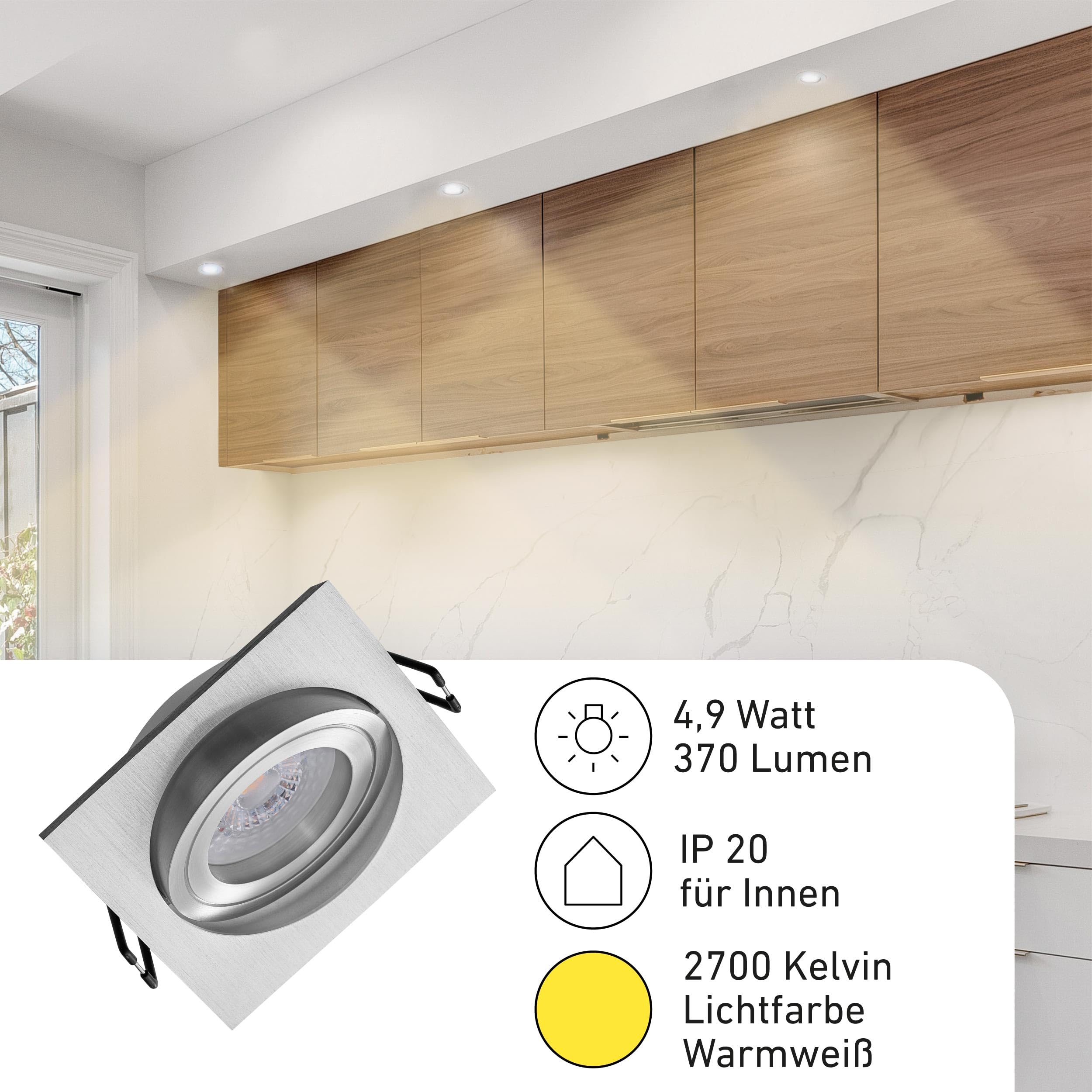 Oktaplex Lyon - Juego de 12 focos empotrables con módulo LED, intensidad regulable, 4,9 W, 2700 K, 370 lm, color blanco cálido, tamaño del orificio, 80 mm, aluminio, 230 V