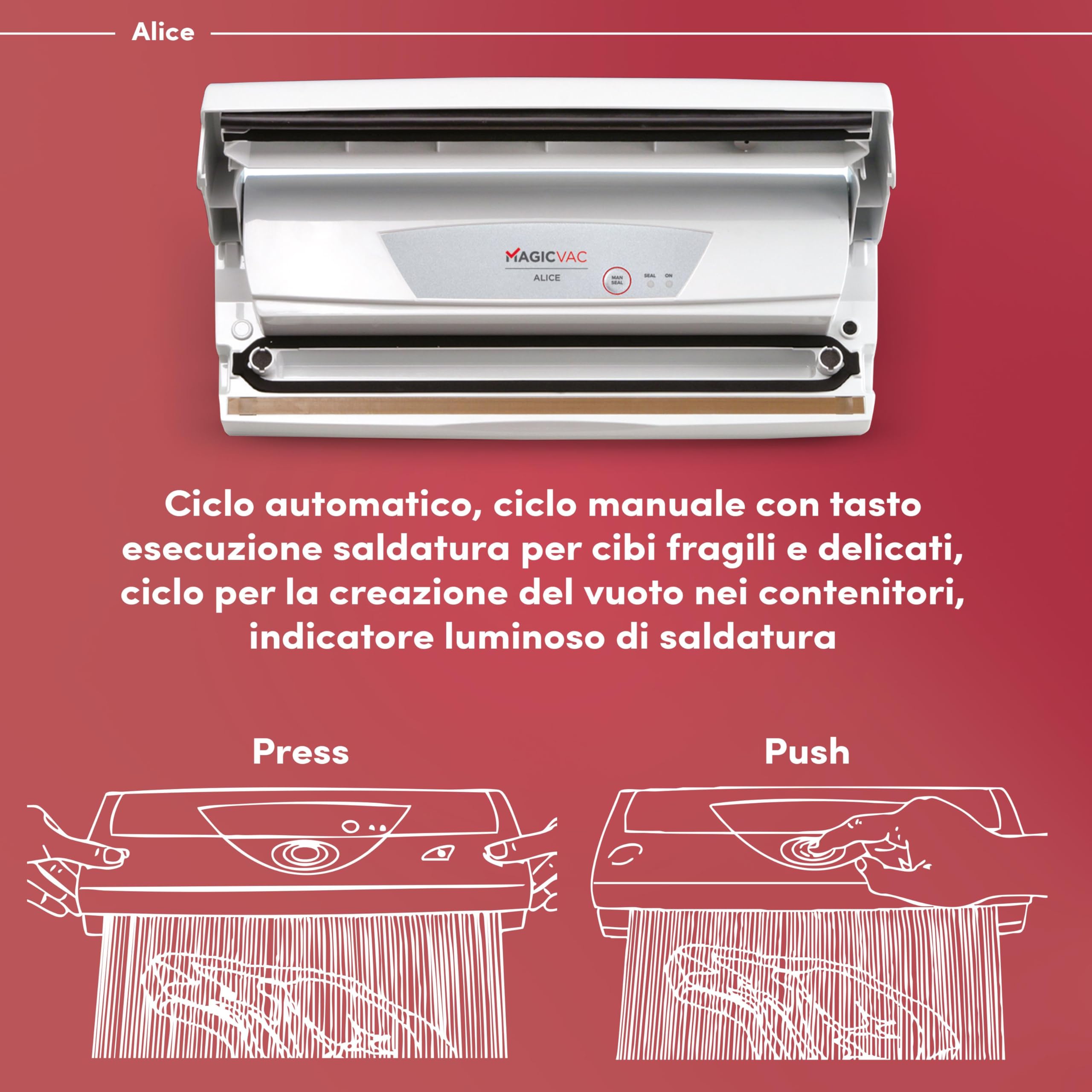 Magic Vac, Alice, Macchina Sottovuoto Alimenti Multifunzione, Ideale per Sacchetti Sottovuoto e Contenitori, con Doppio Filtro e Kit Sottovuoto Alimenti, Tecnologia Brevettata, Made in Italy, Bianca