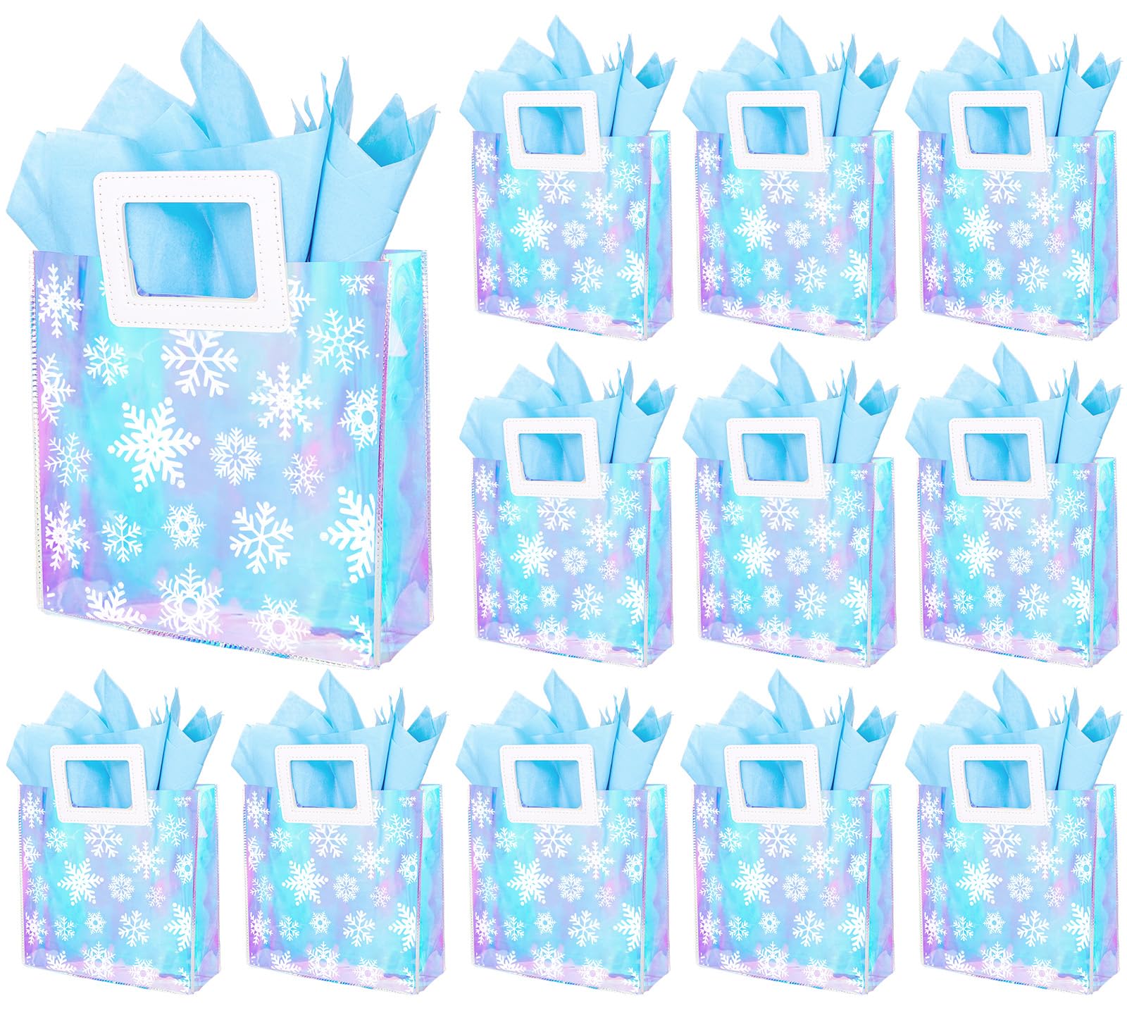 Whaline 12Pcs Winter Snowflake Clear PVC Gift Bags with Handles and Tissue Paper Holographic Winter Wonderland Snowflake Party Favor Bag Iridescent