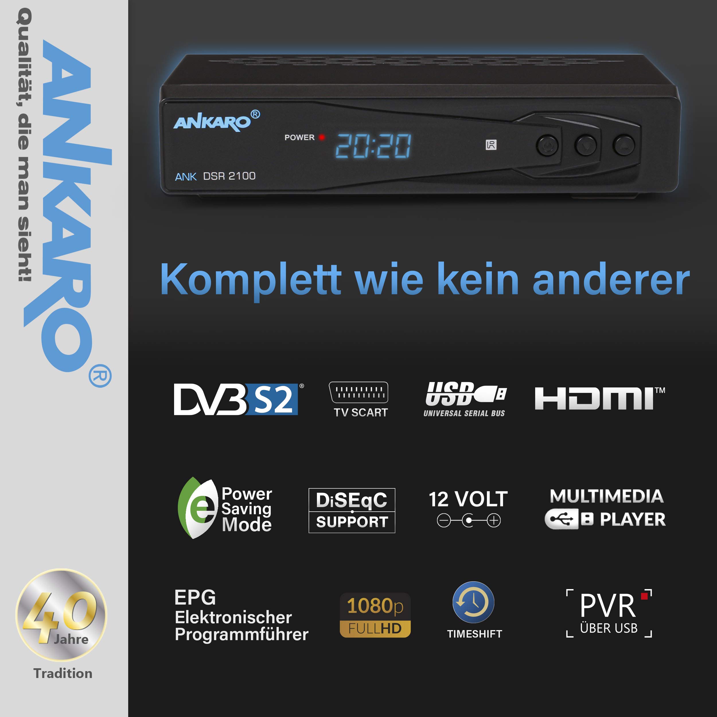 ANKARO DSR 2100 digitaler Full HD 1080p Satelliten Receiver schwarz mit USB Mediaplayer, Aufnahmefunktion und Timeshift/HDMI/Scart/LED Display / 12V Netzteil ideal für Camping