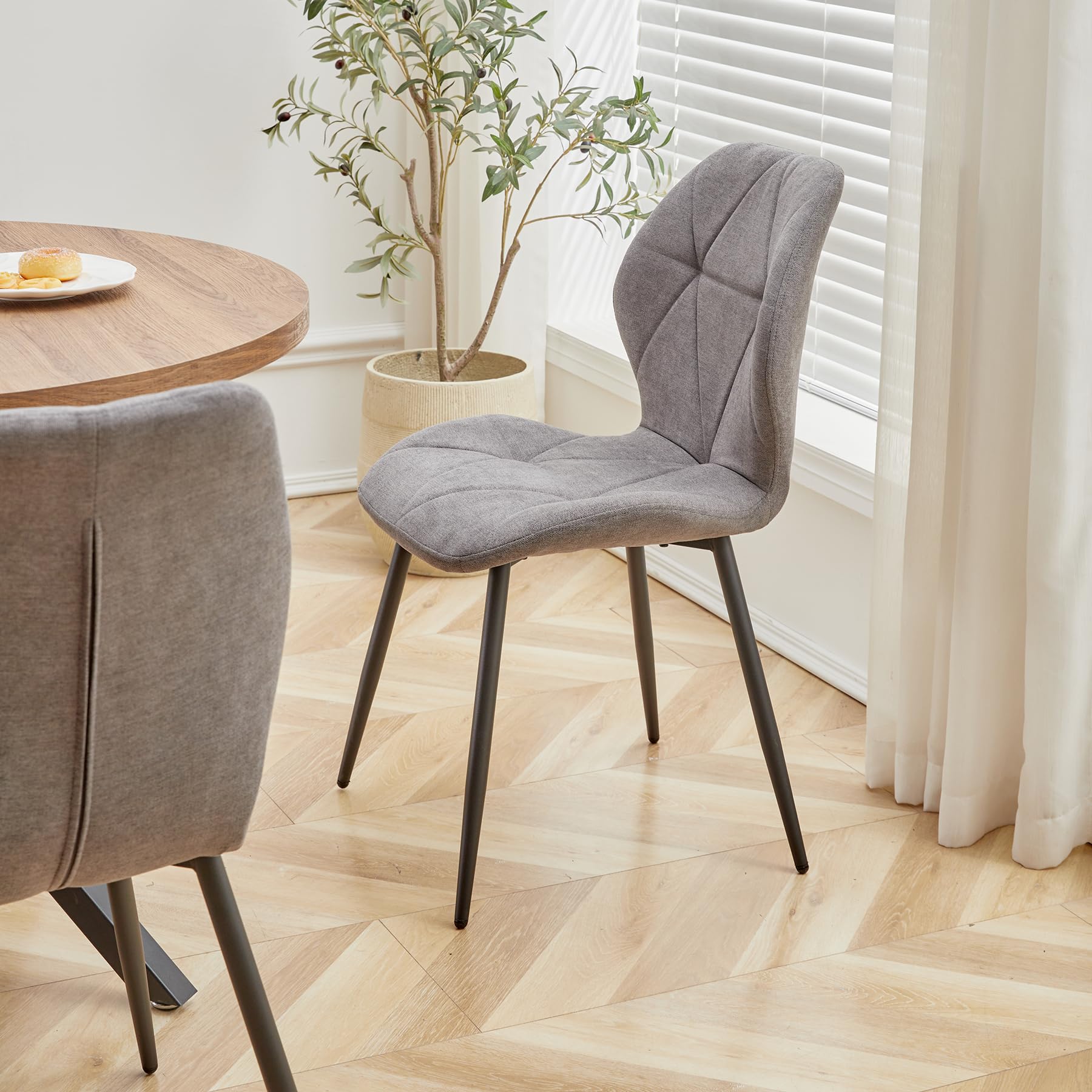 Juego de Mesa de Comedor Redonda de 100 cm con 4 Sillas de Tela de Lino, Conjunto Mesa y Sillas de Comedor para Comedor, Cocina y Salón (Madera Oscura+LX-Gris)