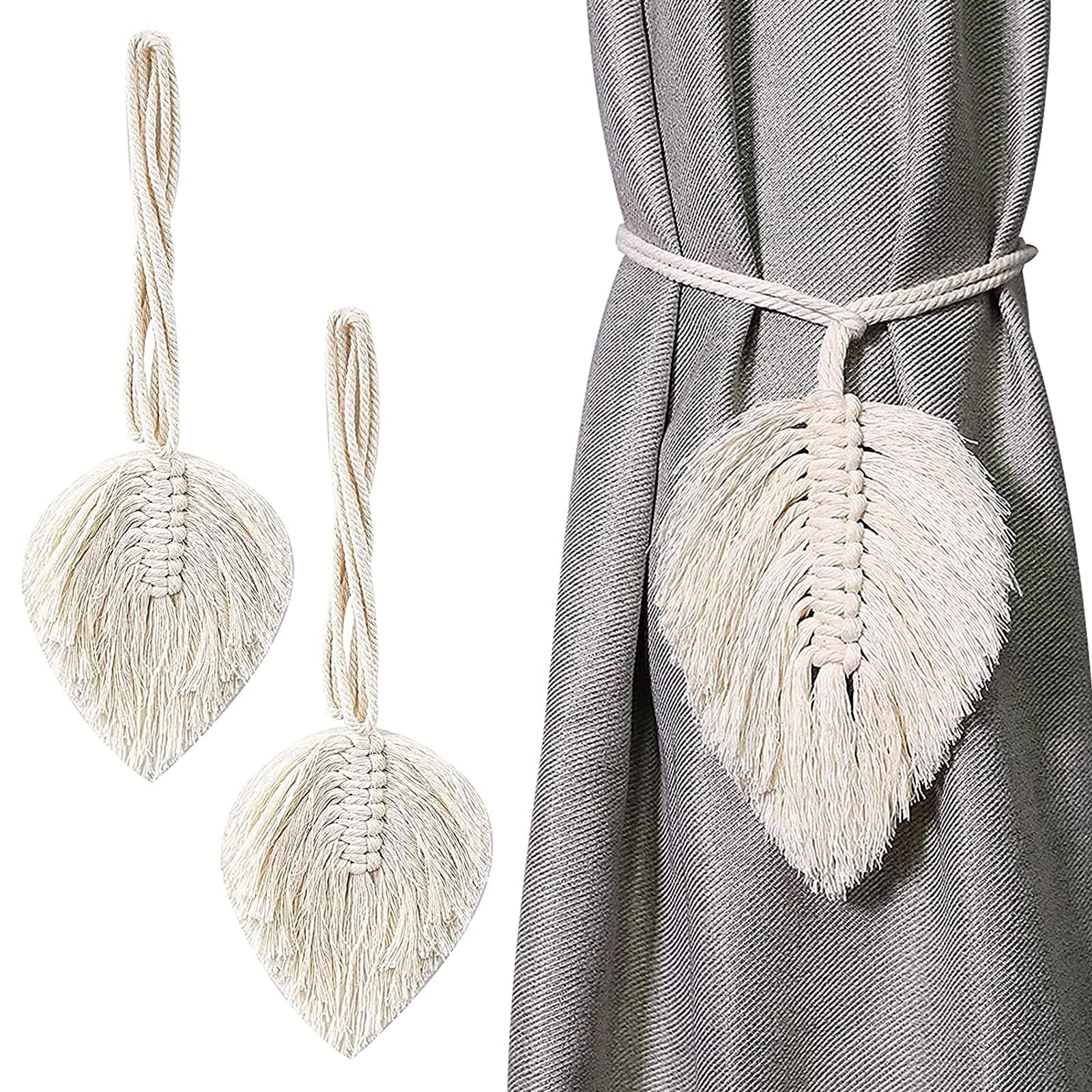 Boho Curtain Tiebacks, 2 Pieces Woven Curtain Ties Holder Leaf Macrame Cotton Rope Farmhouse Tassel Curtains Holdbacks Bohemian Home Decoration Drapery (Off White)