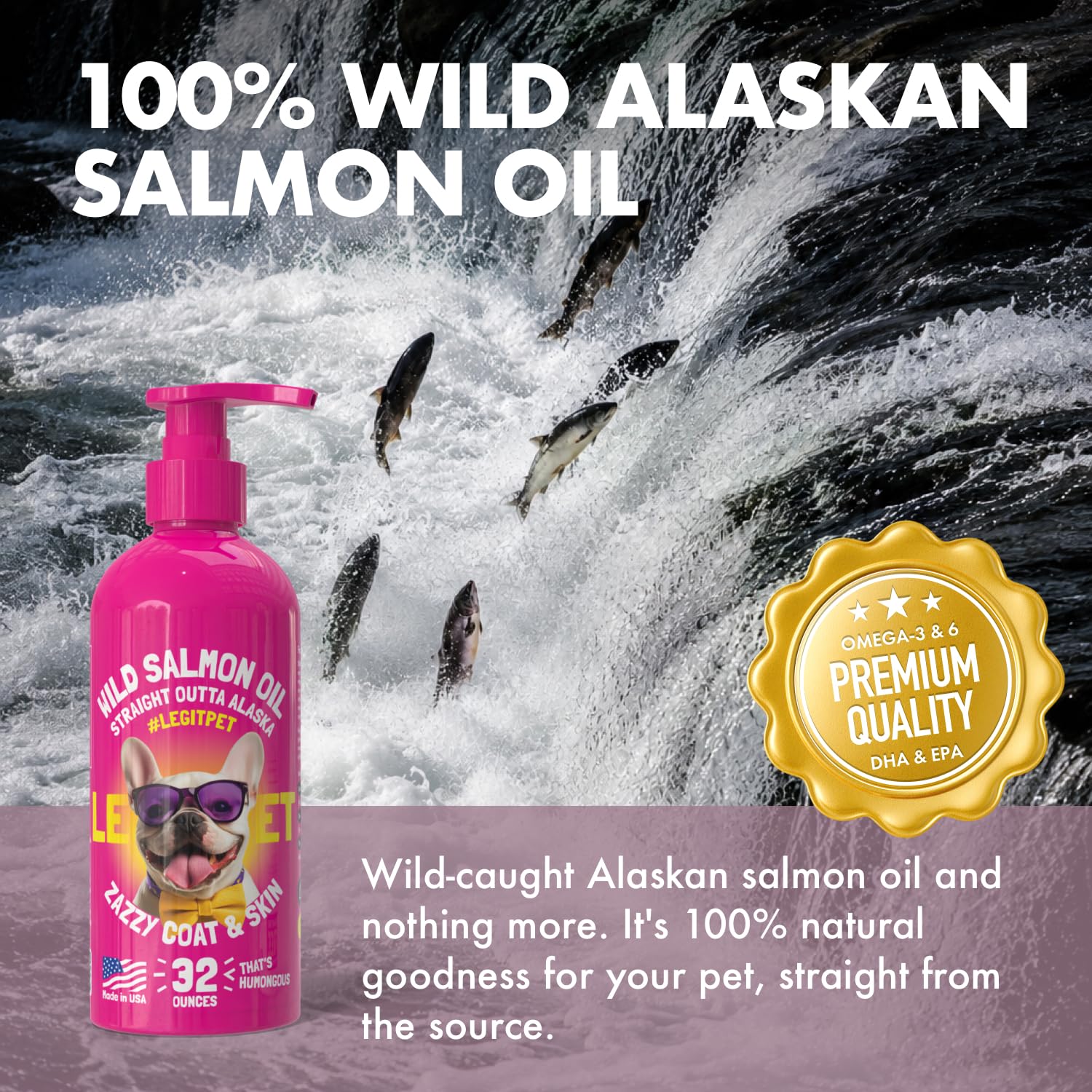 Huile de saumon sauvage d'Alaska pour chiens et chats - Pure Fish Omega 3 6 9 liquides EPA DHA acides gras - Supplément peau et couche - Soutient la fonction articulaire, cerveau, œil, immunitaire et
