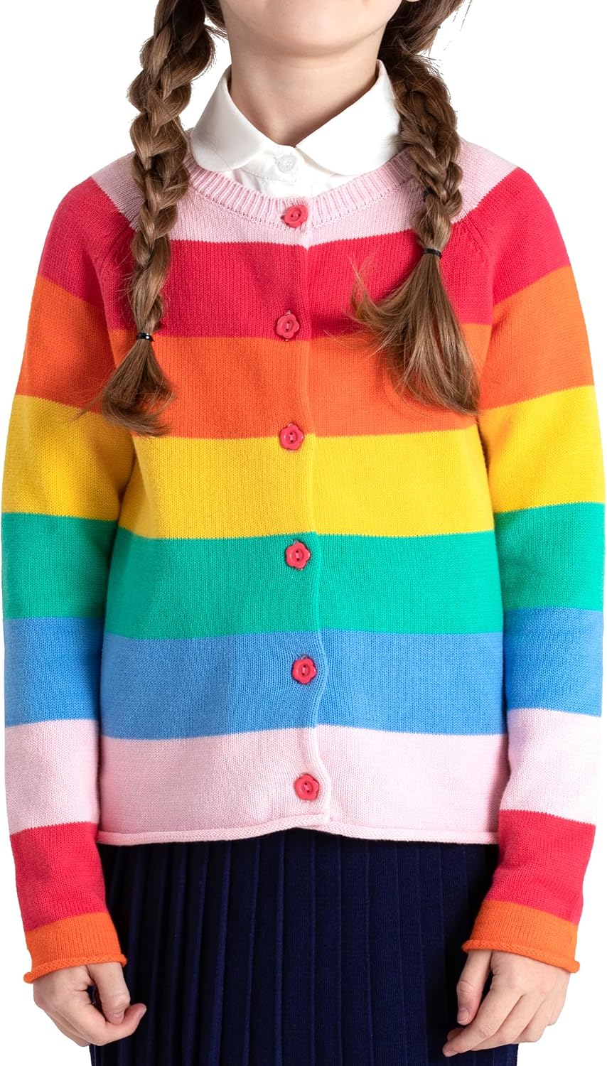BOBOYOYO Girls Cute Cardigan 100% Cotton Rainbow Kids Cardigan Sweater Button up Striped Knit Cardigan Children for 5-12 Y - Image 2