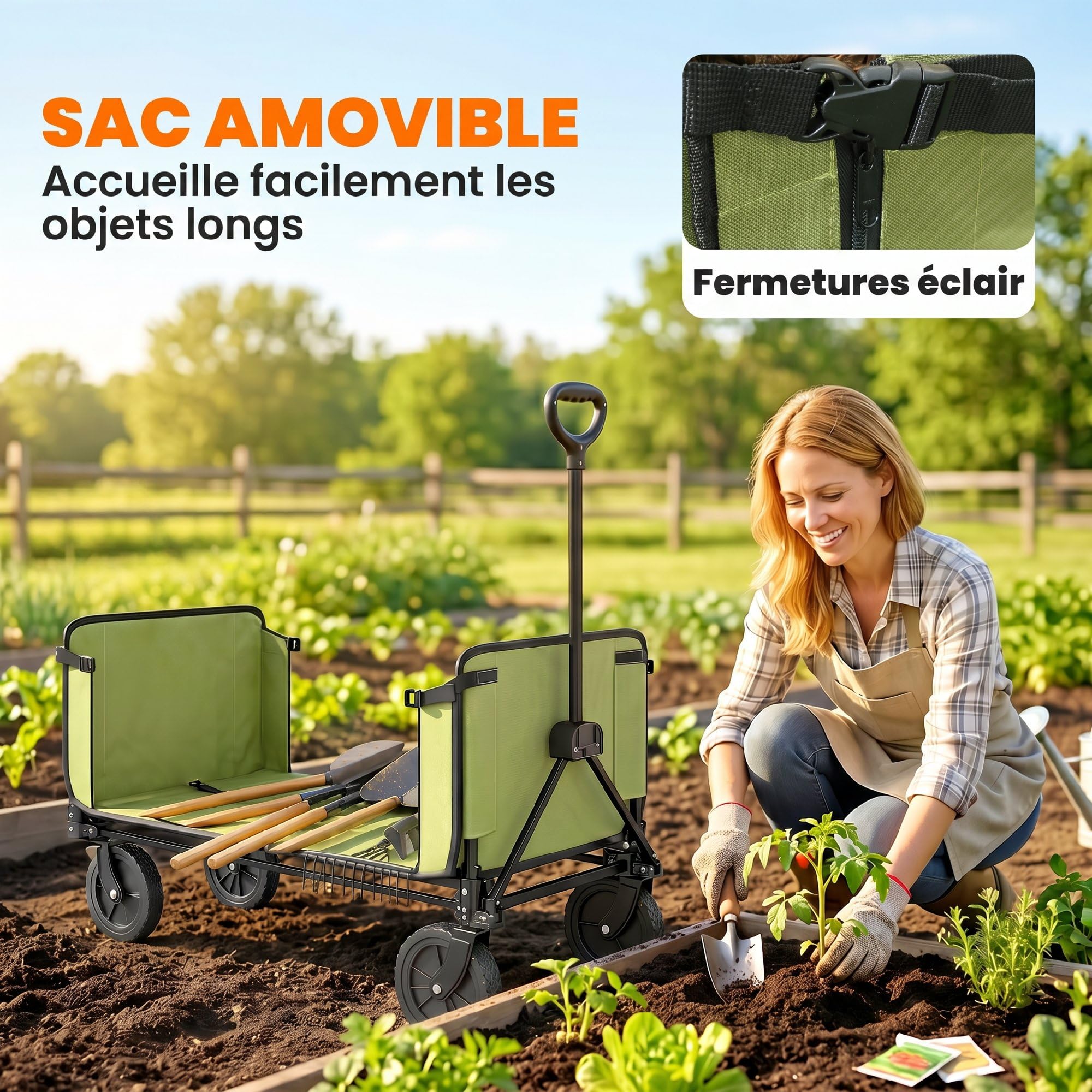 Outsunny Chariot de Transport Pliable 190L 120kg, Chariot de Jardin 4 Roues Dont 2 Roues Universelles, Poignée Télescopique Rotative et Ajustable 90°-180°, pour Plage, Camping, Jardin, Cour, Noir