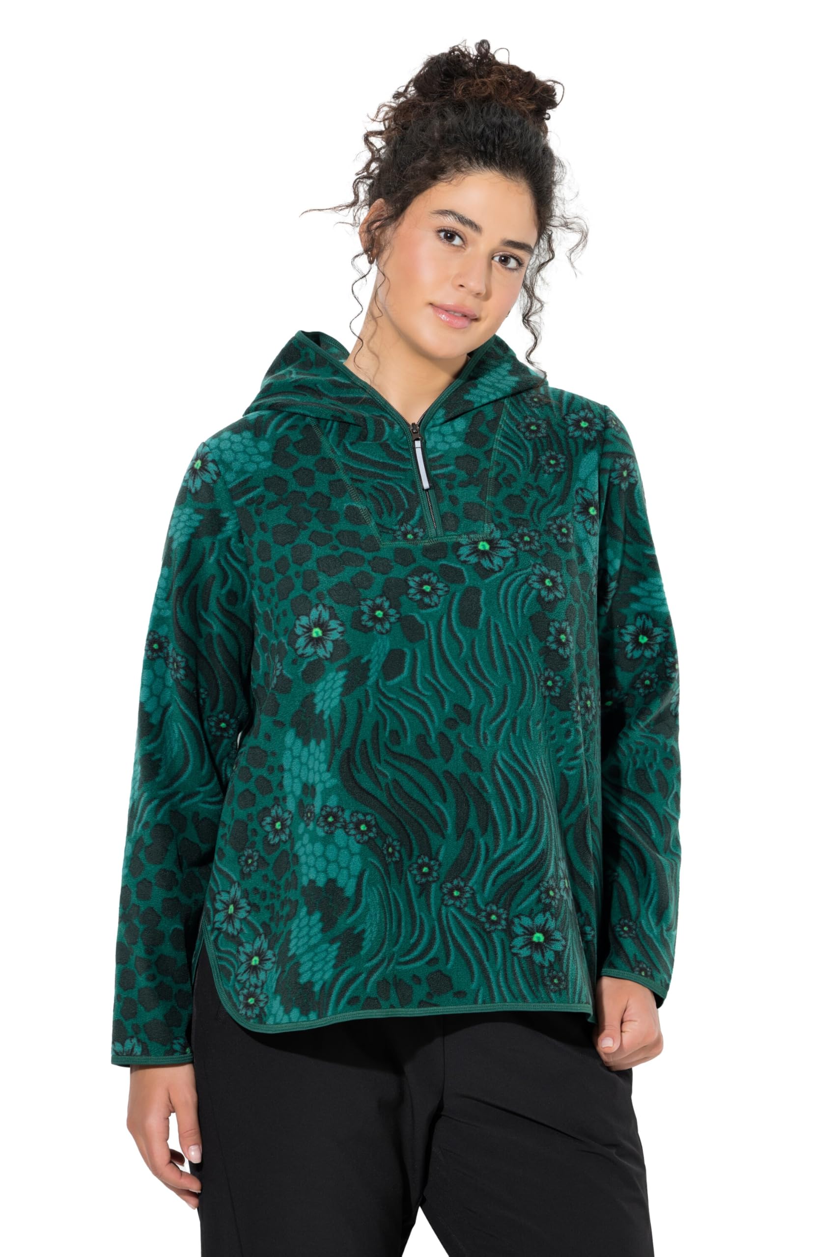 Ulla Popken Damen große Größen Übergrößen Plus Size Fleece-Hoodie, kurz, Blüten-/Leomuster, Kapuze, recycelt 845562