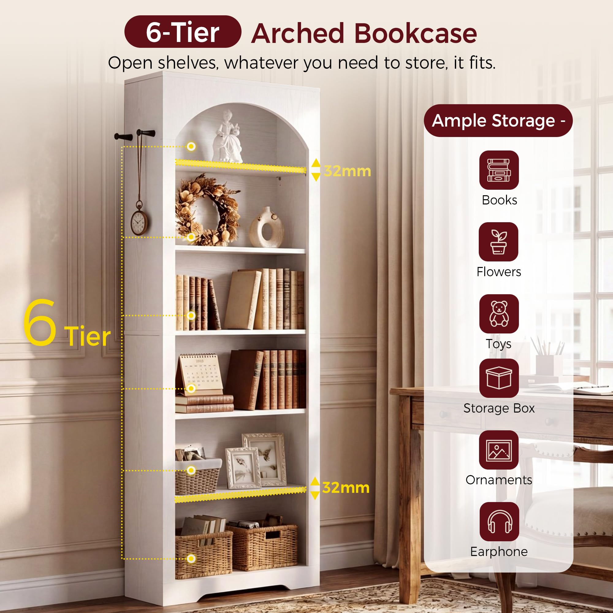 IRONCK Bücherregal 195 cm Extra Hoch, 6 Ebenen Standregal mit Rundbogen, Bücherwand mit 2 Haken, Offenes Aufbewahrungsregal & Display-Regal für Büro, Wohnzimmer & Arbeitszimmer