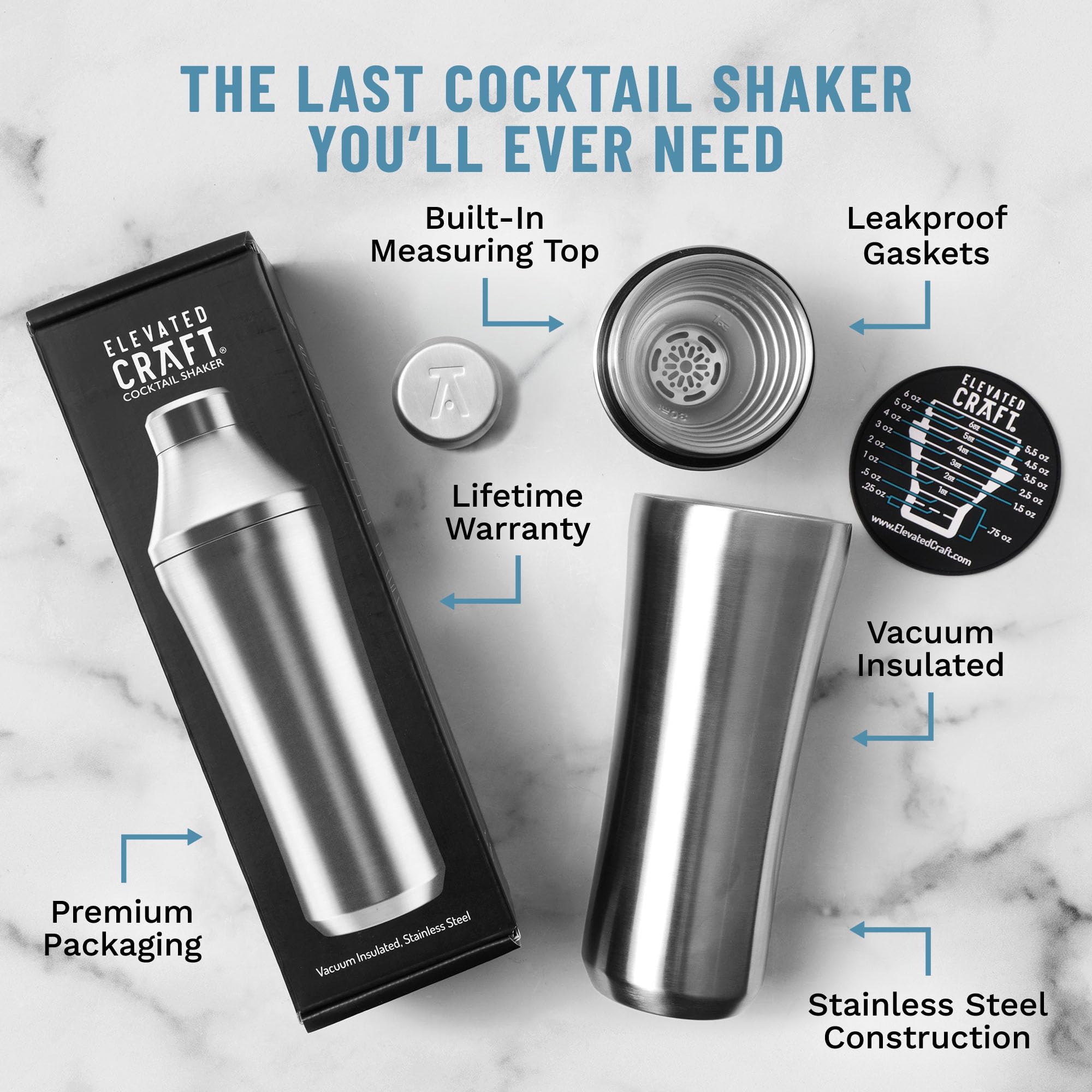 Elevated Craft Hybrid-Cocktailshaker, hochwertig, vakuumisoliert, aus Edelstahl, innovatives Messsystem, verbessern Sie Ihre Hausbar, 828 ml Gesamtvolumen