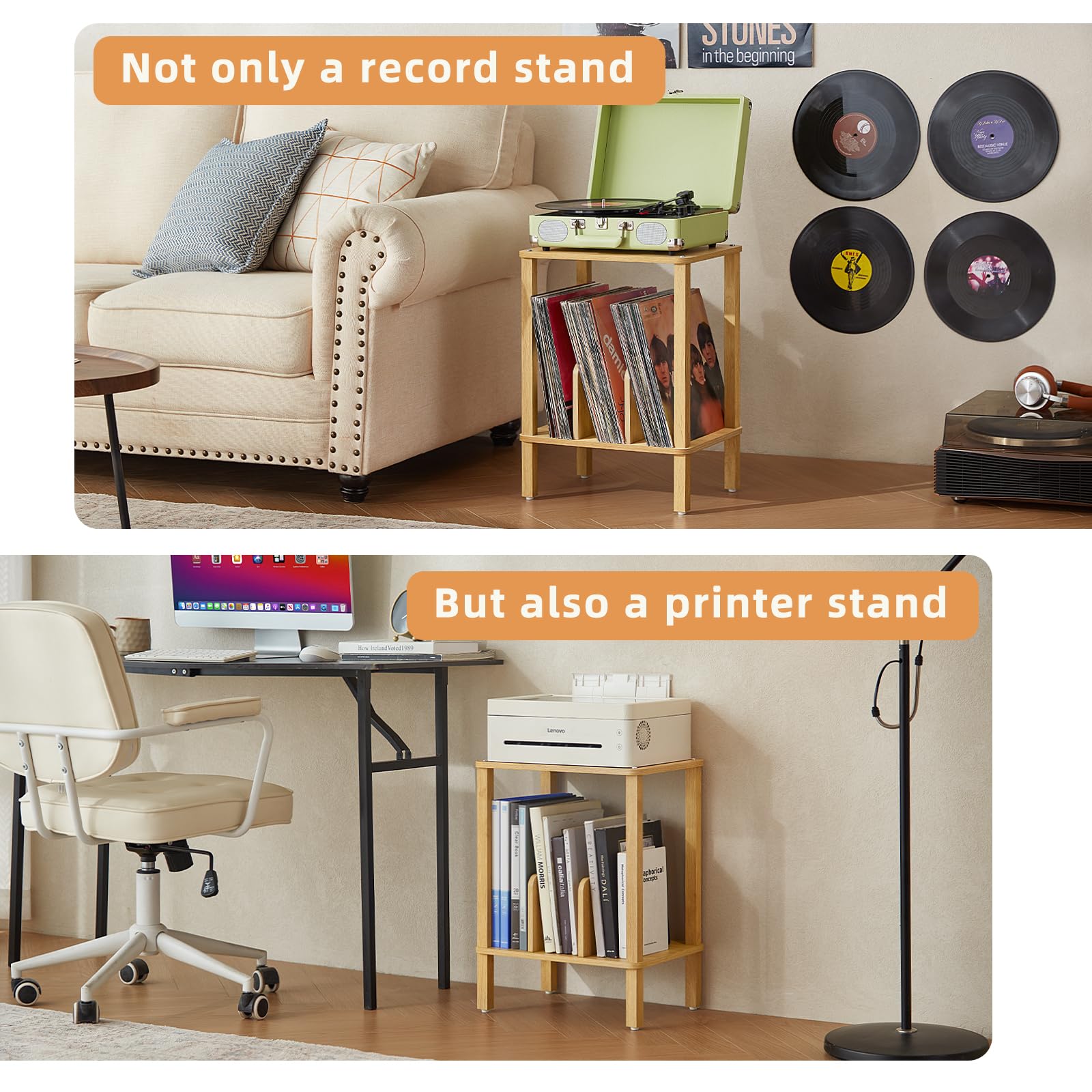 LELELINKY 2-Tier Stand de Disque en Bambou avec disques vinyles de Stockage jusqu'à 100 Albums, Porte-Disque Chambre Boho et Table d'extrémité Multifonctions pour Le Salon,Bois Naturel